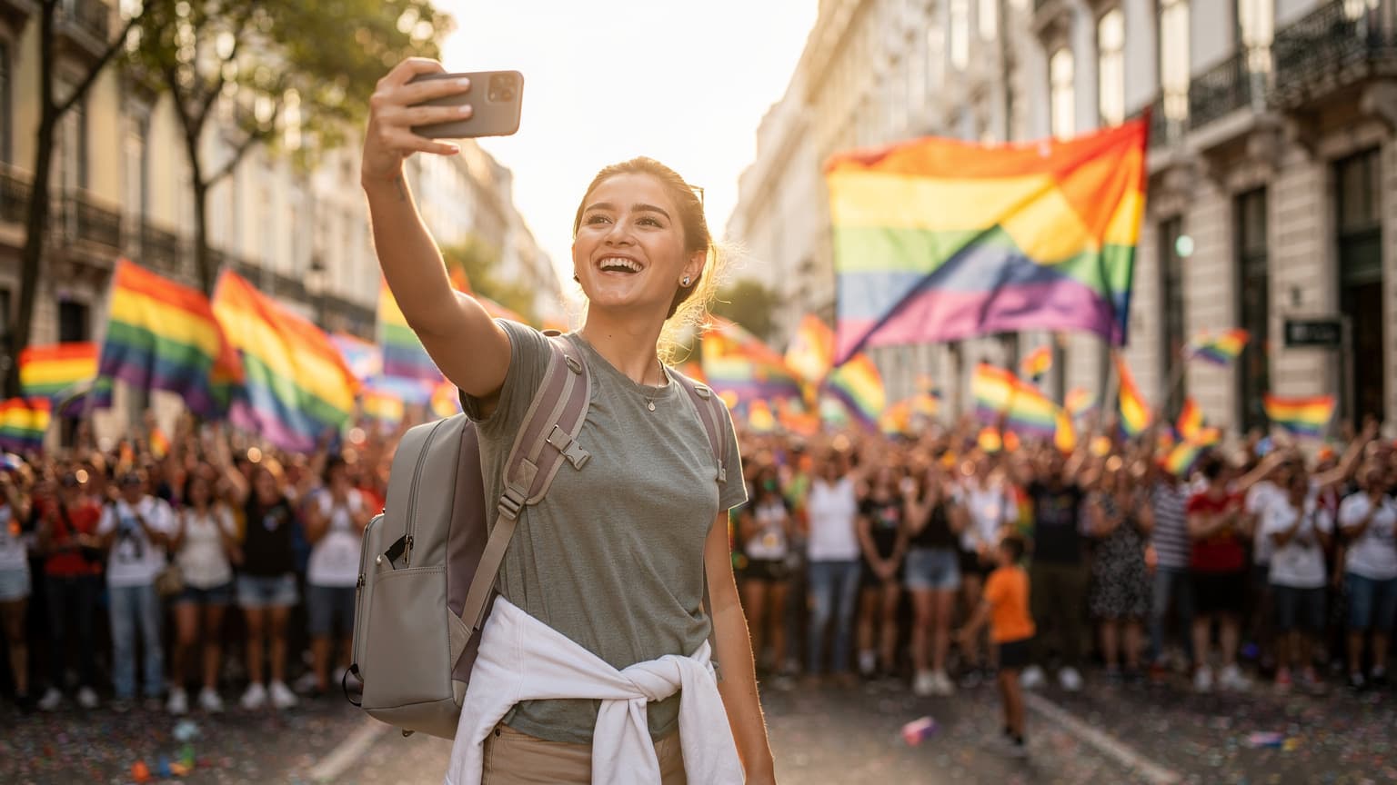 Uma pessoa feliz e animada tirando uma selfie com seu celular durante o desfile do Arraial Pride em Lisboa, com as bandeiras do arco-íris e a multidão ao fundo na Avenida da Liberdade.