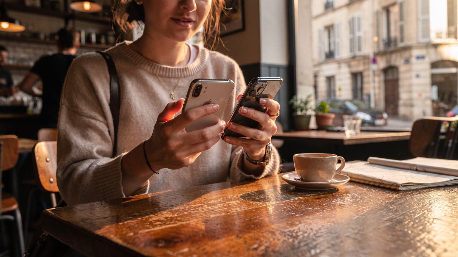 Une jeune femme, l'air déterminée et concentrée, tient deux iPhones à bout de bras dans un café branché du quartier de la Croix-Rousse à Lyon, avec des reflets dorés du soleil couchant sur les façades en pierre visible à travers la fenêtre.