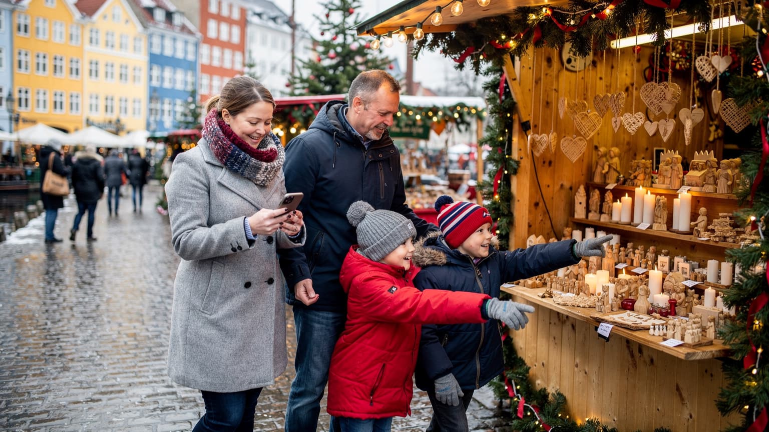En familie, mor, far og to barn, smiler mens de navigerer et travelt julemarked i København, med en av foreldrene som holder en telefon og sjekker et digitalt kart.