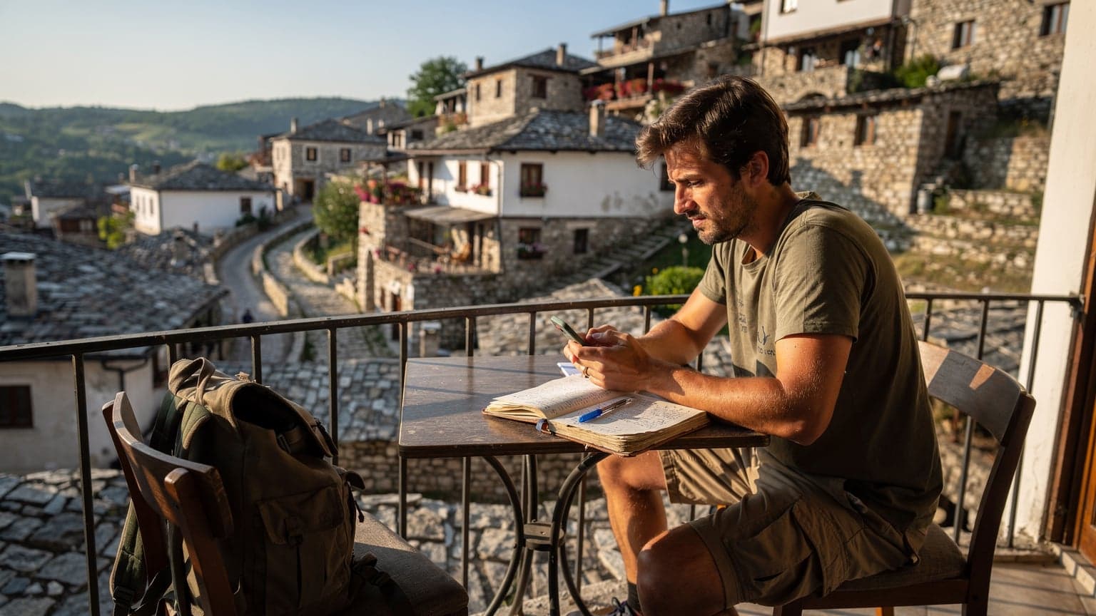 Ein Reisender sitzt auf einem Balkon mit Blick auf die Stadt Gjirokastra in Albanien, während er ein Smartphone benutzt, um seine Reiseroute zu überprüfen.