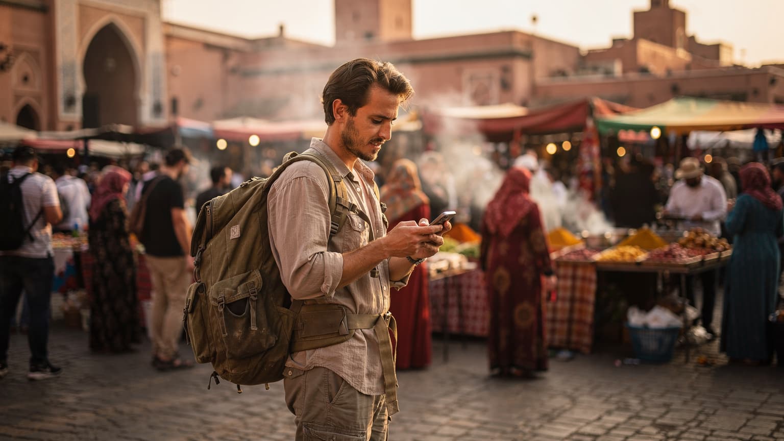 Un viaggiatore zaino in spalla sta controllando il suo smartphone in una piazza affollata di Marrakech, con un mercato tradizionale sullo sfondo e spezie colorate in primo piano.