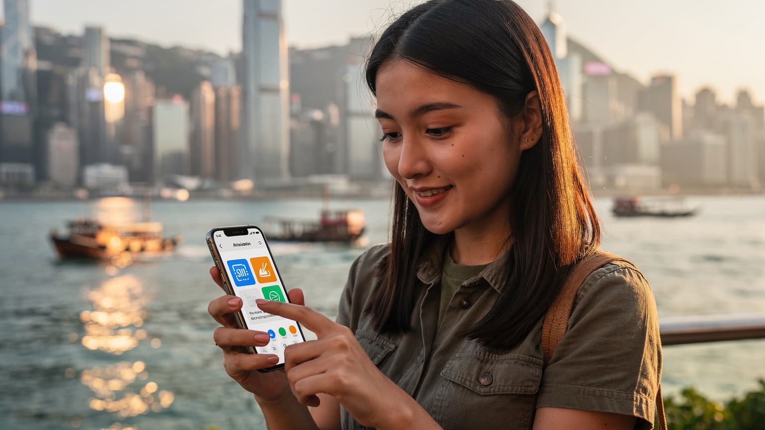 一位香港年輕女性在維多利亞港邊使用iPhone,手機屏幕上顯示eSIM設定界面,背景是香港天際線和船隻。