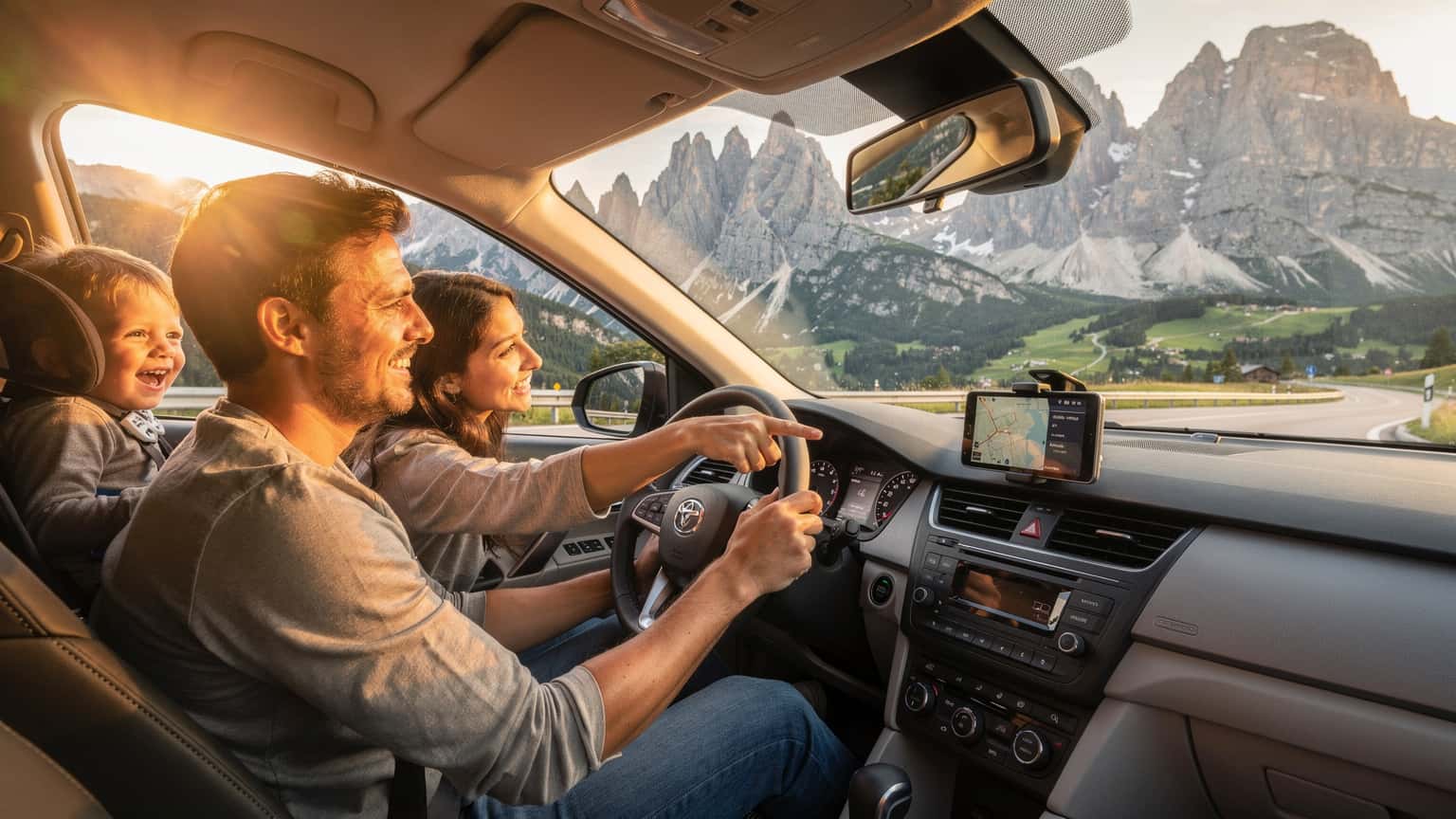 En familie i en bil, der navigerer gennem Dolomitterne i Italien, med udsigt til majestætiske bjerge og en solrig himmel. En smartphone med Cellesim eSIM er synlig i forgrunden.