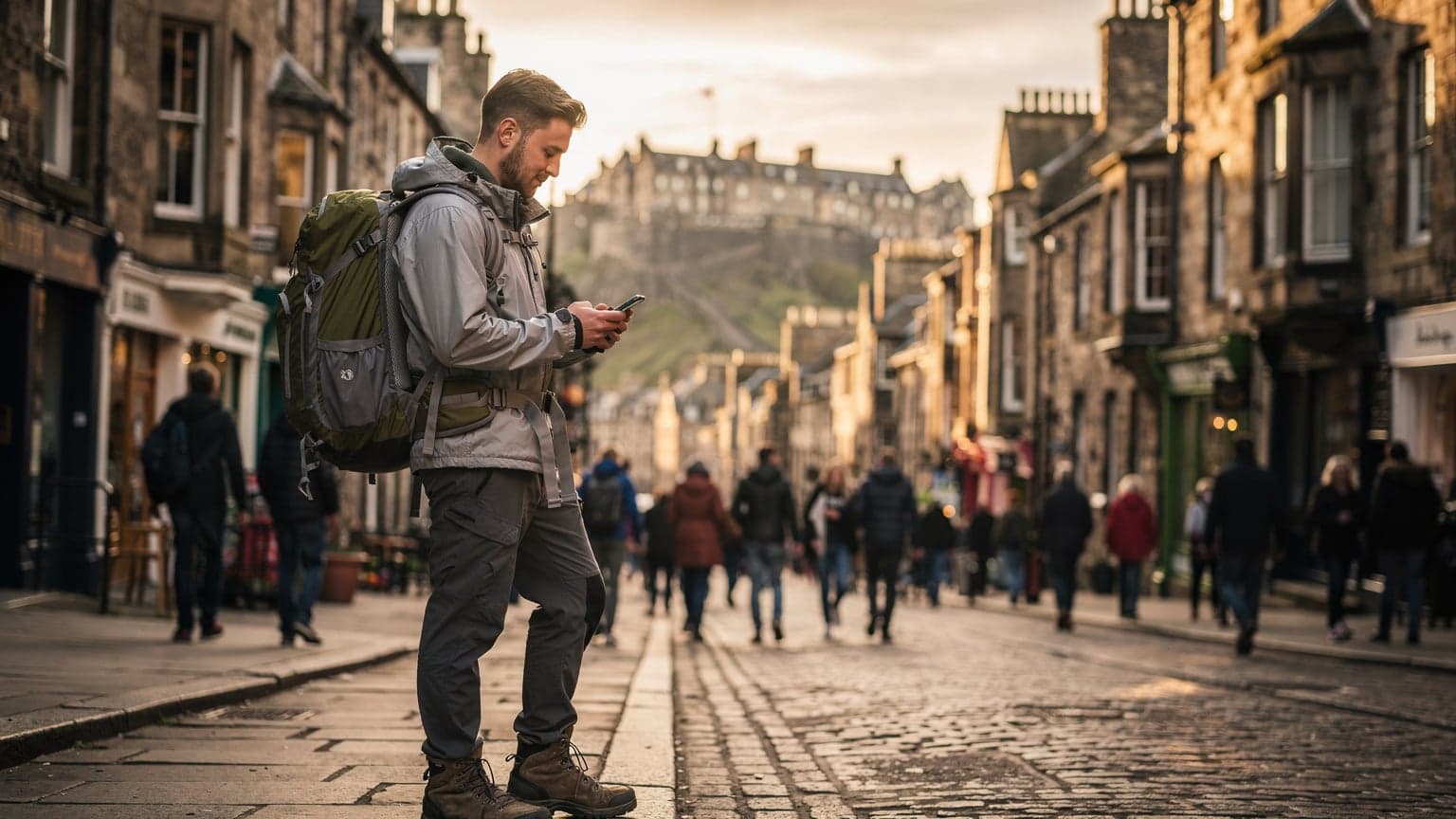 Mladý muž s batohem a telefonem v ruce prochází rušnou ulicí v Edinburghu, s hradem v pozadí, za soumraku.