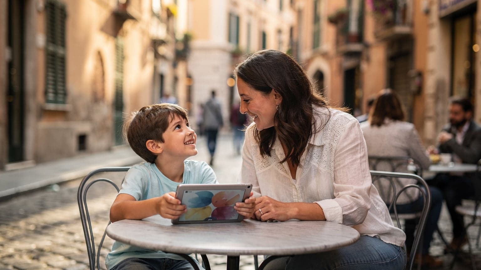 Una madre sorridente e il suo bambino di otto anni consultano un tablet su un tavolino all'aperto di un caffè in una strada vivace di Roma, con un tipico edificio storico sullo sfondo.