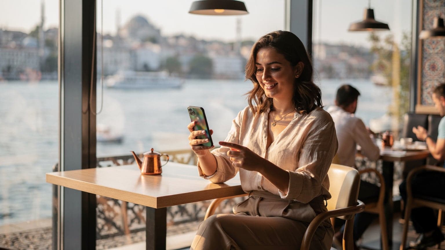 Bir kadın, İstanbul Boğazı'na bakan modern bir kafede, elinde akıllı telefon tutarken gülümsüyor. Telefon ekranında WhatsApp sohbet penceresi açık.