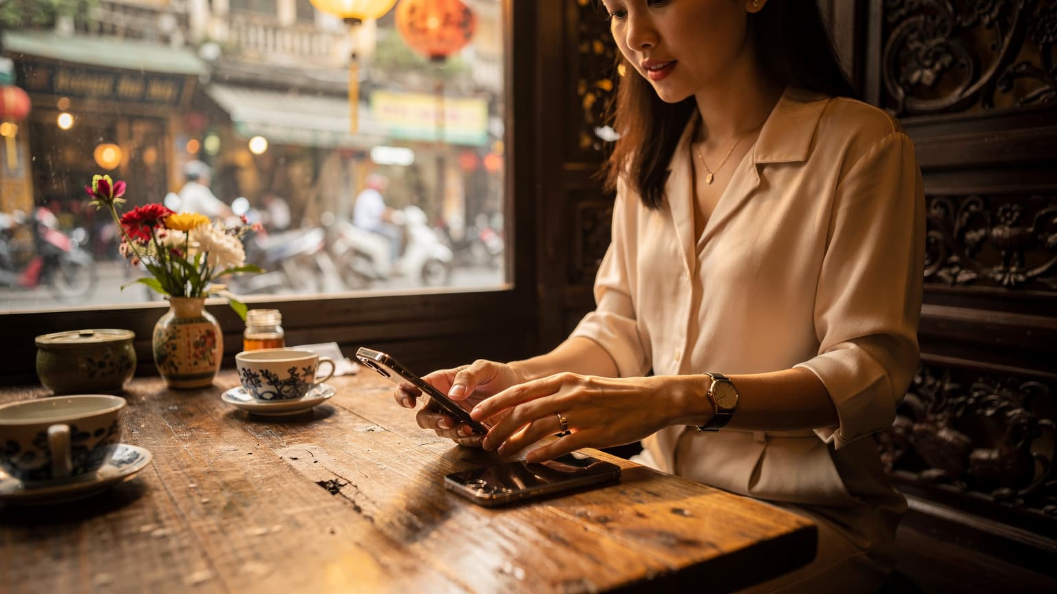Một người phụ nữ Việt Nam đang ngồi tại một quán cà phê truyền thống ở Hà Nội, sử dụng iPhone mới để thiết lập eSIM.