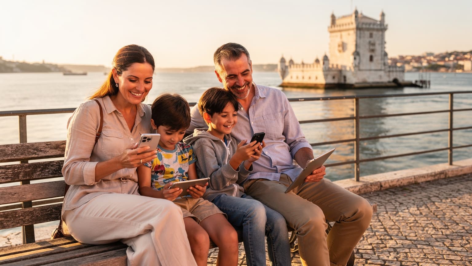 Uma família com duas crianças, sentada em um banco de madeira em frente à Torre de Belém em Lisboa, olhando para seus telefones com sorrisos, aproveitando a conexão de internet móvel.