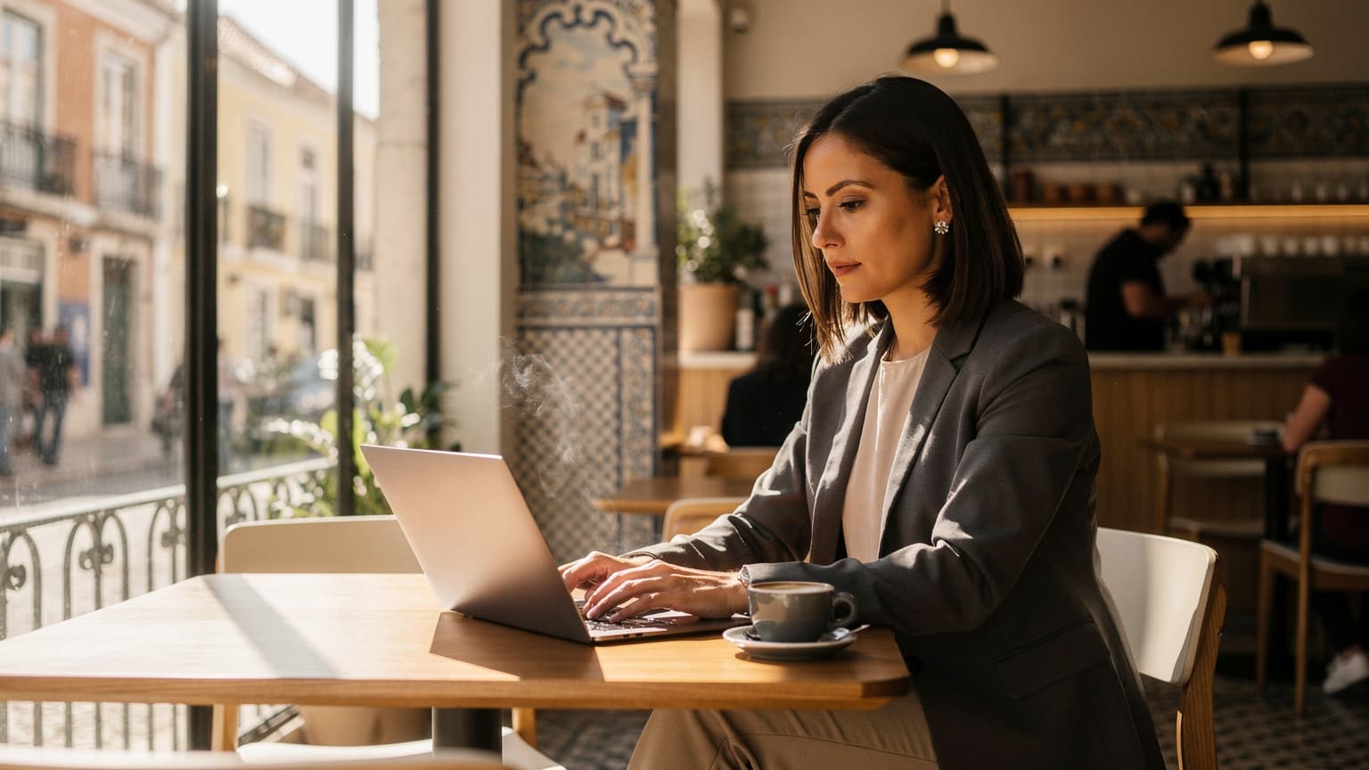 A digital nomad working on a laptop with an open-air café in Lisbon, Portugal, providing a blurred but vibrant backdrop, emphasizing seamless connectivity.