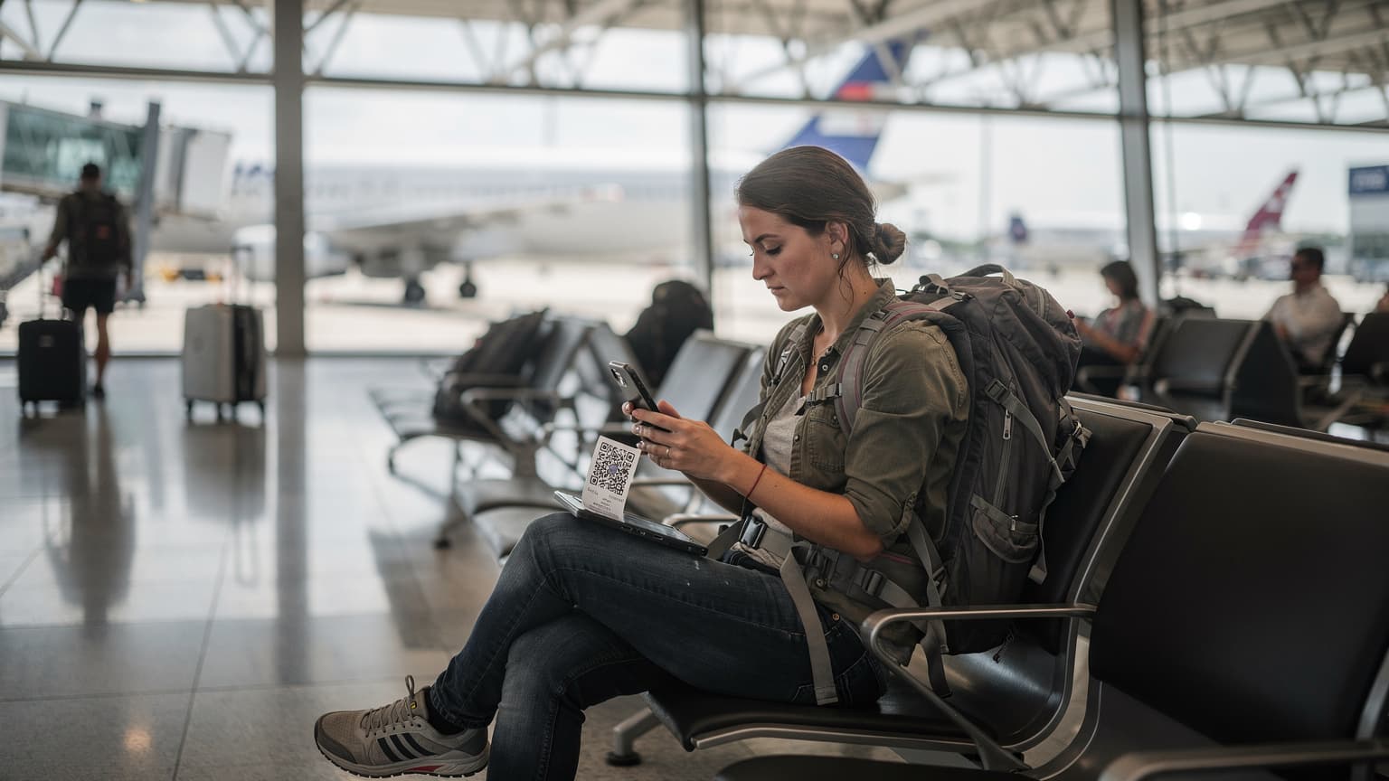 A budget traveler, seen from behind, scanning a T-Mobile eSIM QR code on their smartphone at a bustling gate in Frankfurt Airport, with their backpack resting on a nearby seat.