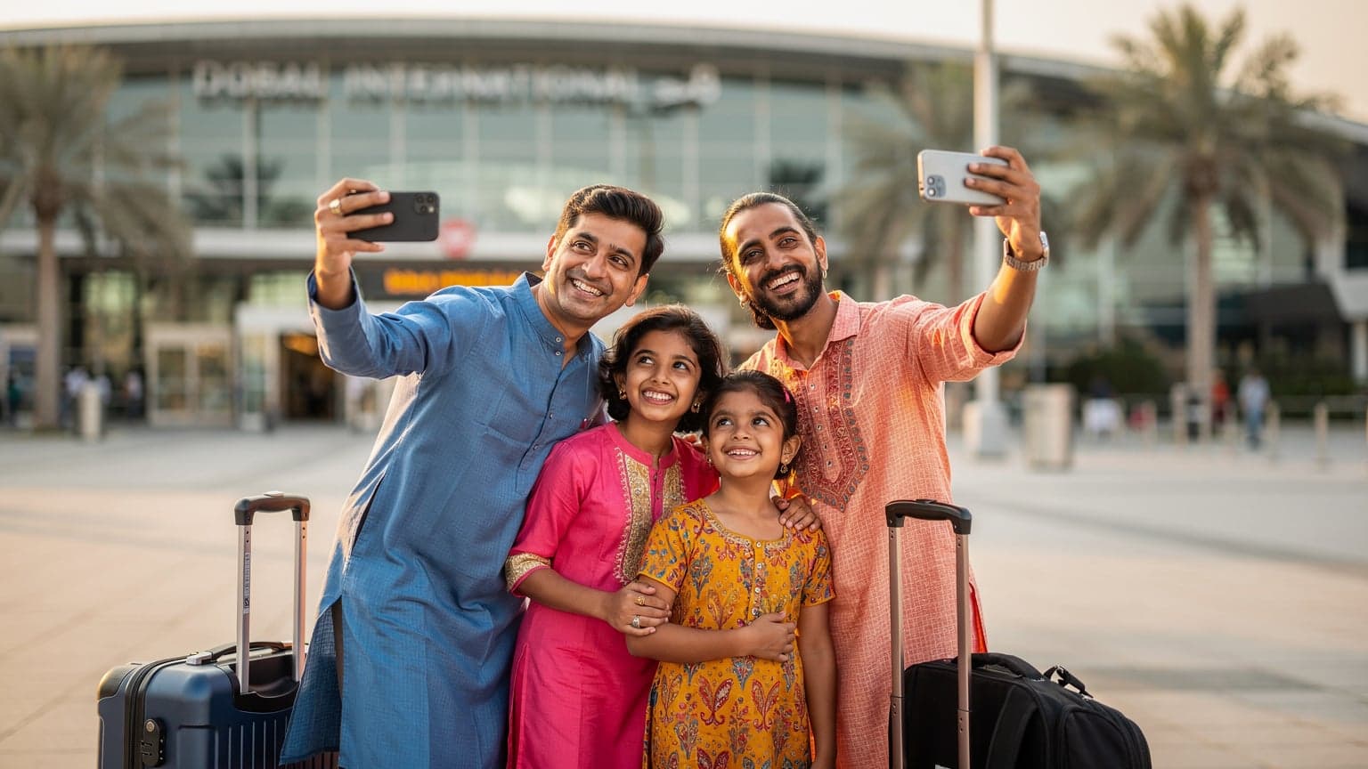 एक भारतीय परिवार, जिसमें दो बच्चे और माता-पिता हैं, दुबई हवाई अड्डे के बाहर खुशी-खुशी खड़े हैं, उनके चेहरों पर सूरज की सुनहरी रोशनी पड़ रही है।