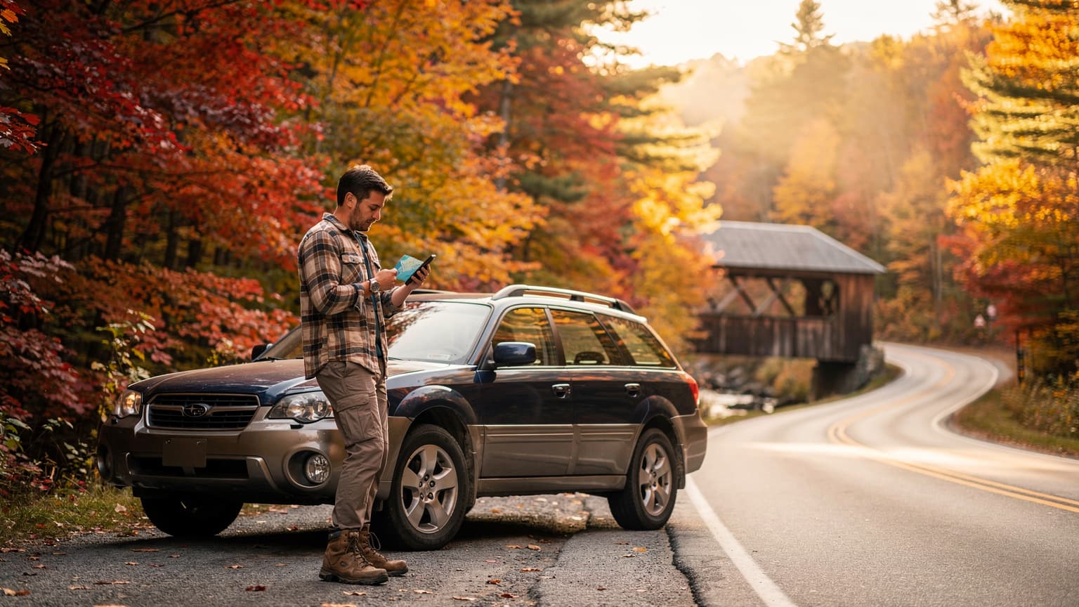 A person stands beside a car on a winding road, surrounded by vibrant red, orange, and yellow fall foliage in the White Mountains of New Hampshire.