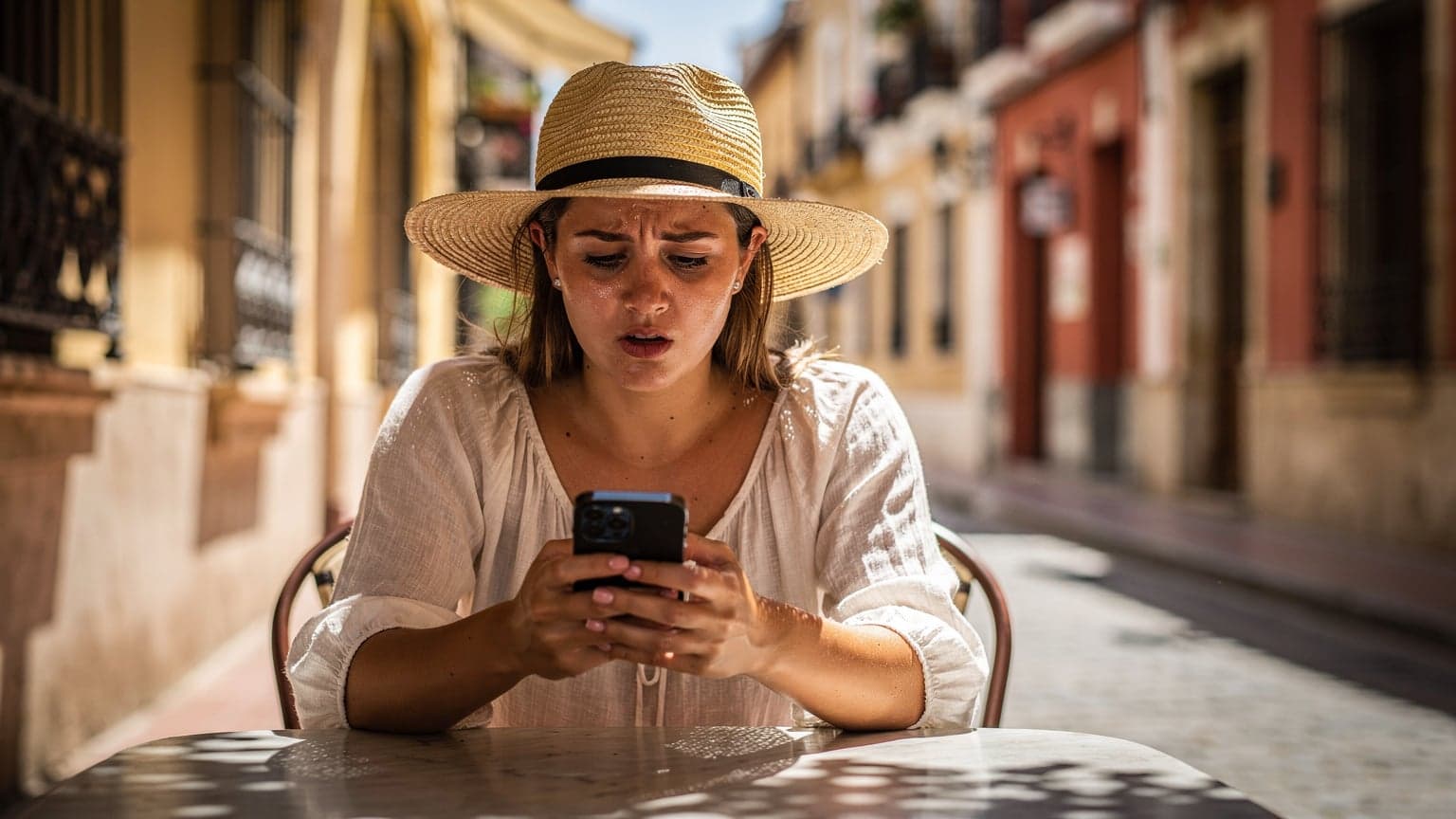 Eine junge Frau mit Sonnenhut und leicht verschwitzter Stirn blickt besorgt auf ihr Smartphone, während sie auf einer schattigen Terrasse in einem Altstadtviertel in Sevilla sitzt, im Hintergrund verschwimmen alte Gebäude in der Hitze.