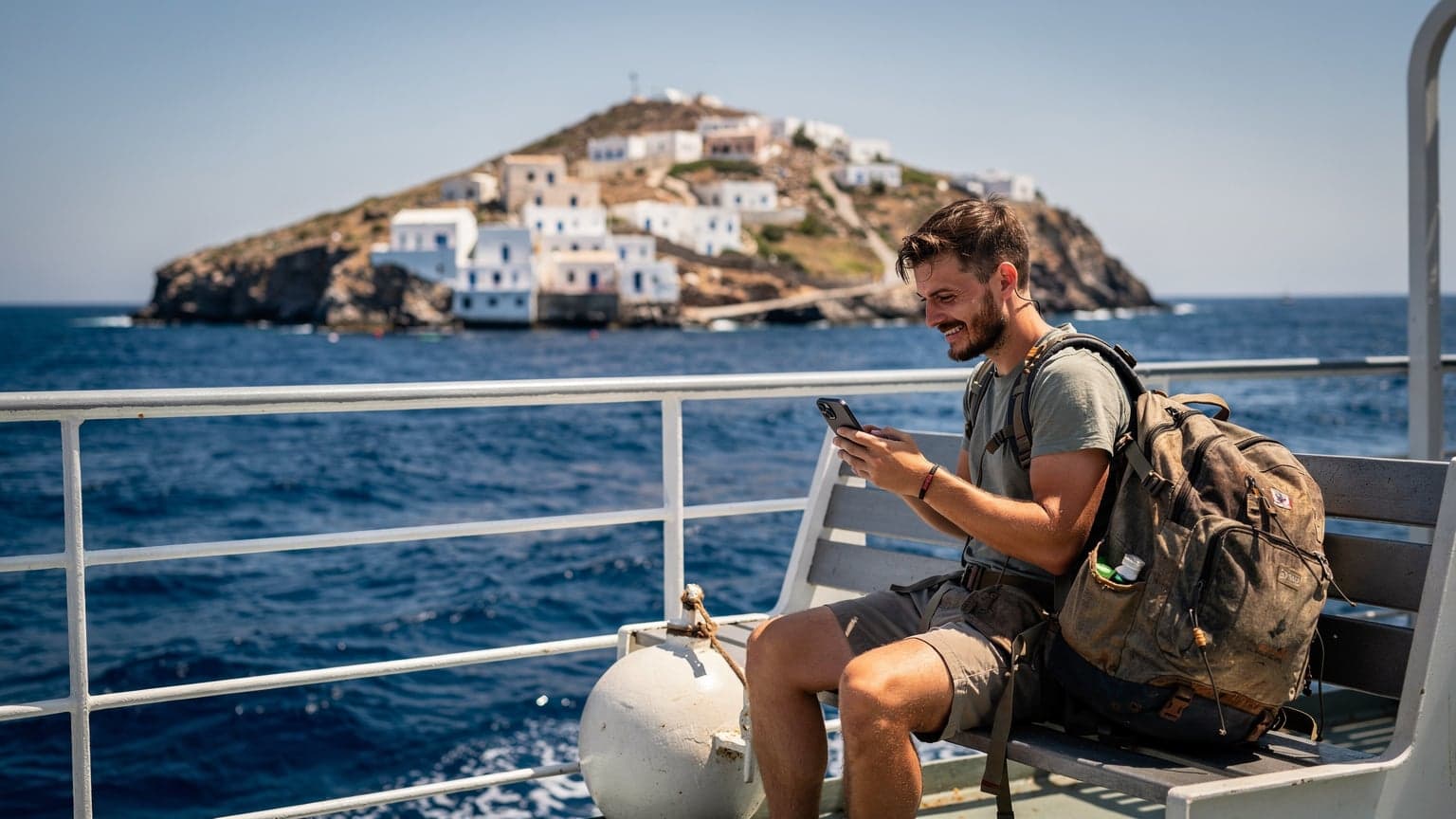 Ένας νεαρός backpacker κοιτάζει το iPhone 18 του ενώ κάθεται στο κατάστρωμα ενός πλοίου που πλέει στο Αιγαίο Πέλαγος, με φόντο έναν γραφικό οικισμό των Κυκλάδων.