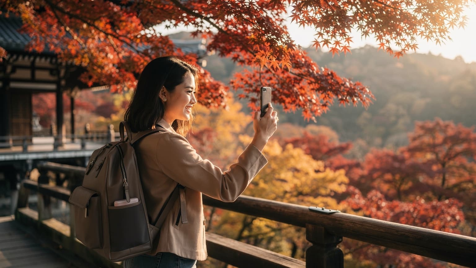 Seorang wanita muda Indonesia tersenyum sambil mengambil foto daun momiji merah di Kuil Kiyomizu-dera, Kyoto, Jepang, saat musim gugur.