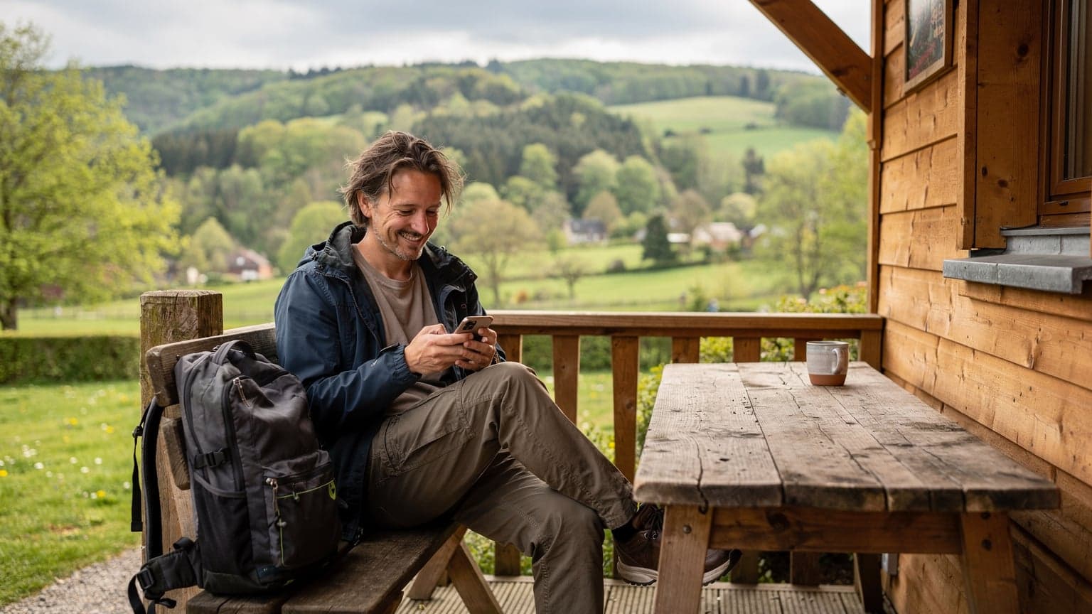 Een reiziger zit ontspannen op een houten veranda van een vakantiehuisje in de Ardennen, met uitzicht op groene heuvels, en gebruikt een smartphone met een tevreden glimlach.