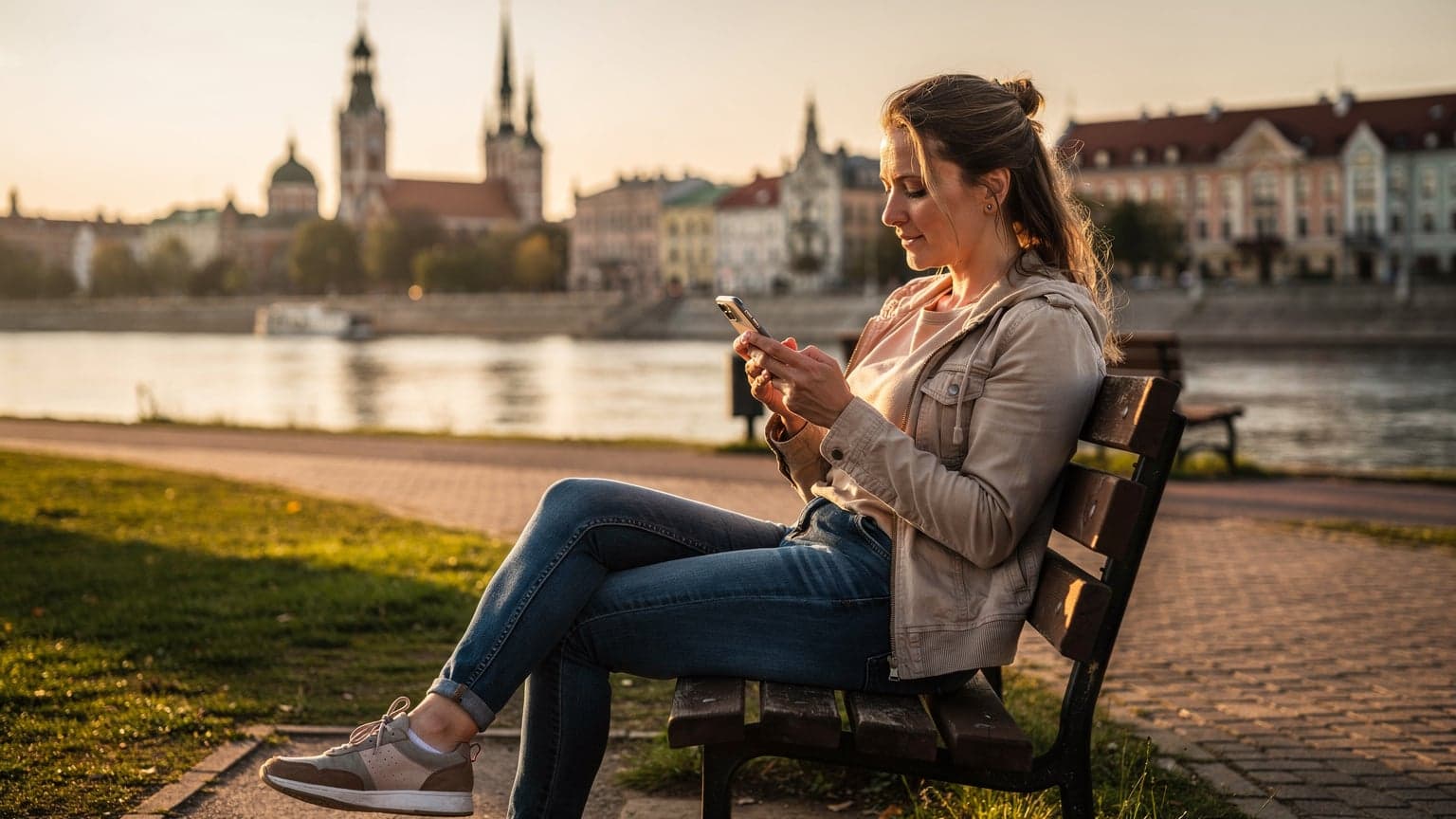 Eine Frau sitzt auf einer Bank am Ufer der Daugava in Riga, Lettland, mit ihrem Smartphone in der Hand und blickt auf die Stadtkulisse, während sie ihre Reiseroute prüft.