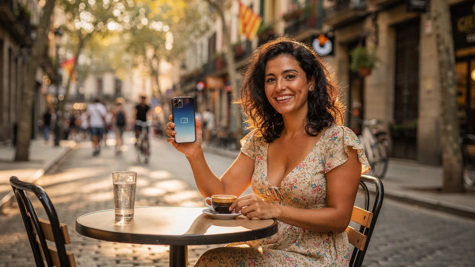 Una donna italiana sorride mentre tiene il suo smartphone con un'eSIM attiva, seduta a un tavolino all'aperto in una piazza di Barcellona, con le Ramblas visibili sullo sfondo.