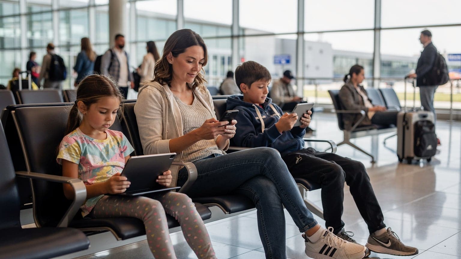 Eine Mutter sitzt in einem belebten Flughafen-Terminal, während ihre beiden Kinder im Alter von etwa 8 und 11 Jahren auf ihren Tablets spielen, das Licht der Bildschirme spiegelt sich in ihren Gesichtern wider. Die Mutter lächelt leicht, während sie ihr Smartphone überprüft.