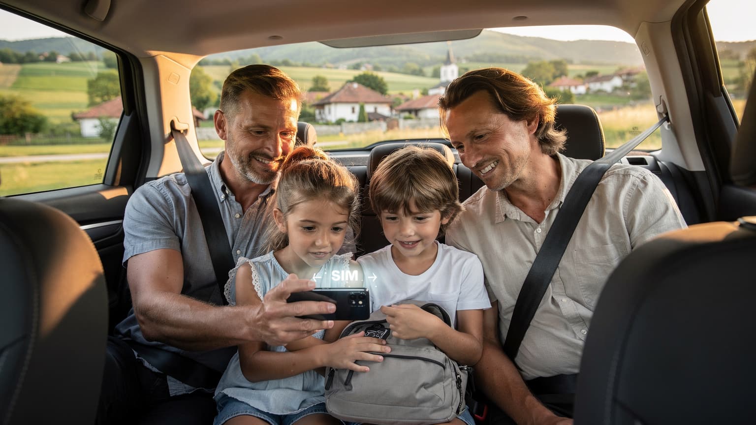 O familie zâmbitoare, părinți și doi copii, verifică un telefon mobil pe scaunul din spate al unei mașini, cu peisaje rurale bulgare trecând pe fereastră.