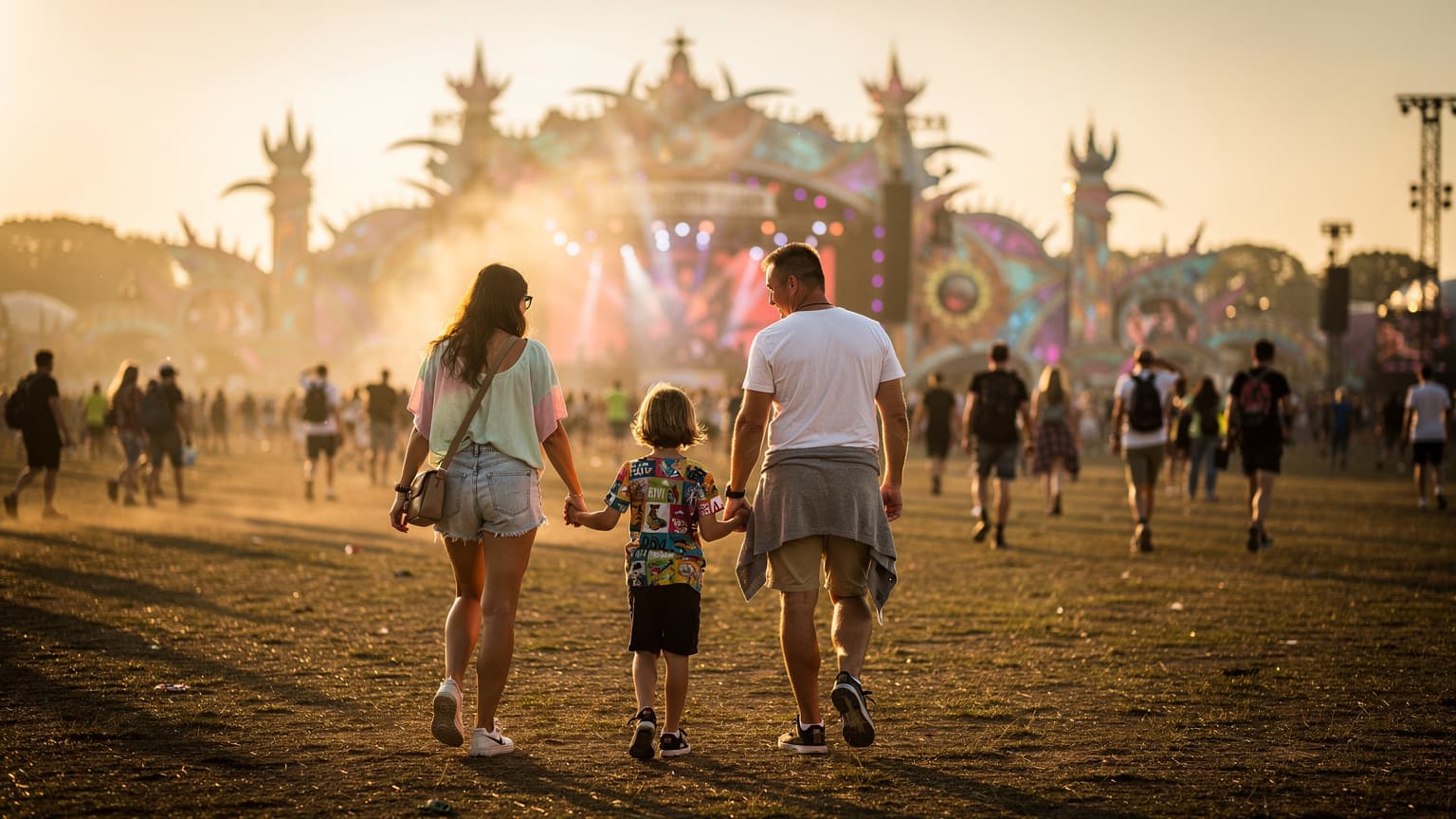 Hollanda'daki Tomorrowland festivalinde sahneye doğru yürüyen, sırt çantalı ve neşeli bir aile.