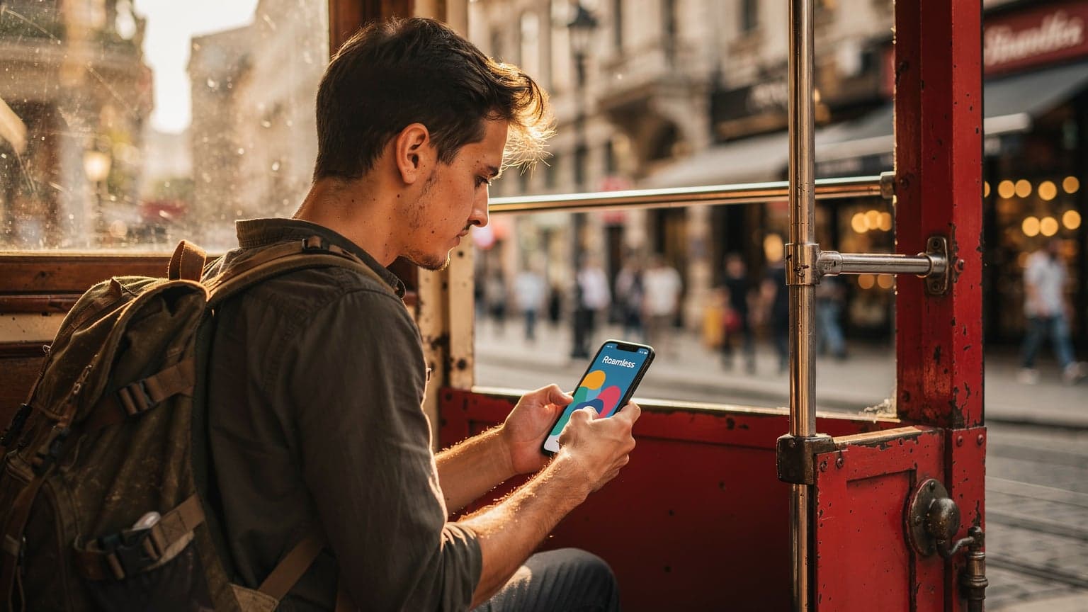 İstanbul'da tarihi bir tramvayda oturan, telefonunda Roamless uygulamasını kullanan genç bir gezgin, dışarıdaki canlı sokak sahnesine bakıyor.