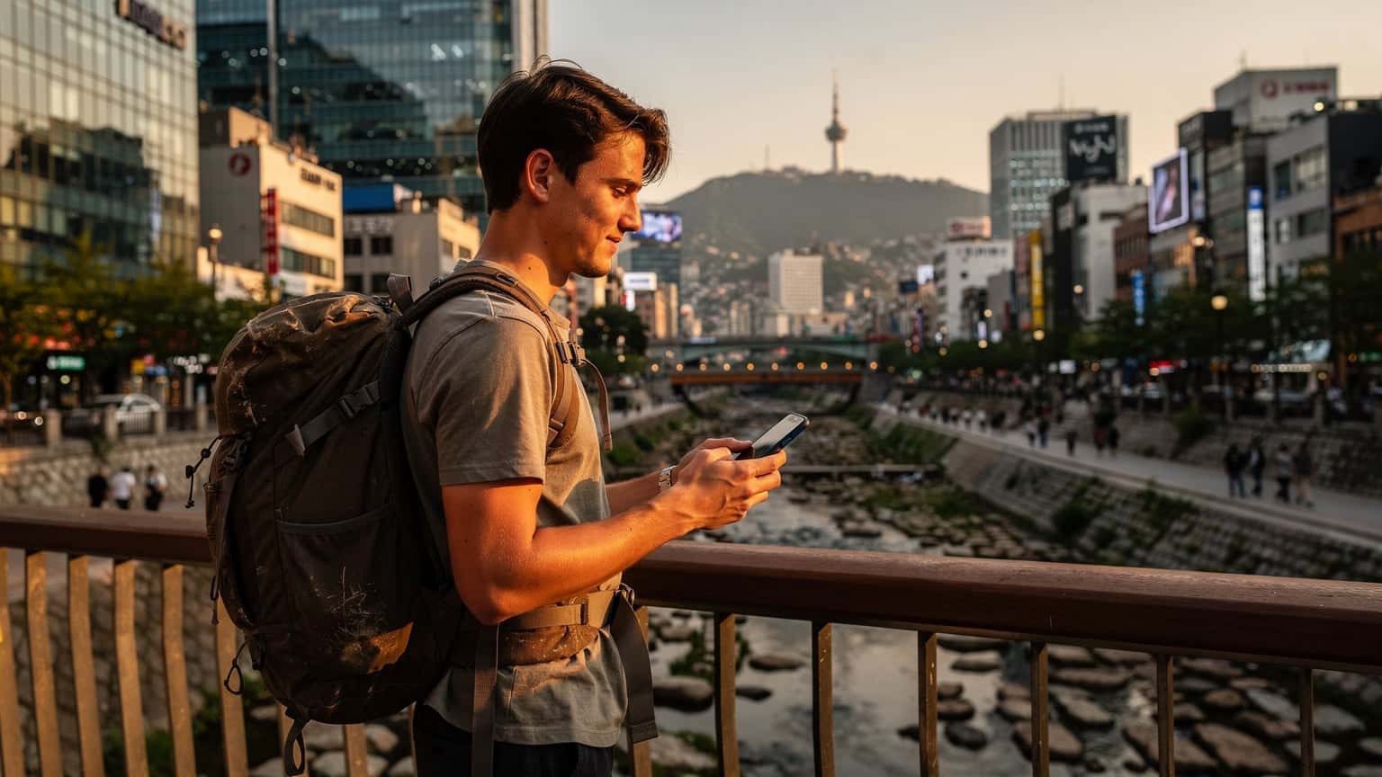 Un viaggiatore con uno zaino leggero consulta una mappa digitale sul suo smartphone, con lo skyline moderno di Seul e la Namsan Tower visibili sullo sfondo al tramonto.