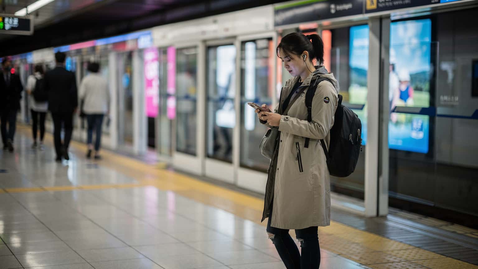Una mujer con cabello oscuro y un abrigo elegante consulta su teléfono mientras espera el metro en la estación de Gangnam, con las luces brillantes de los anuncios reflejándose en las ventanas del tren que llega.
