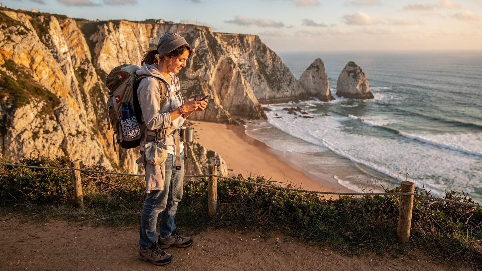 Uma mulher jovem, mochila nas costas, olhando para a tela do seu smartphone enquanto admira a paisagem da Praia da Ursa, perto de Sintra, Portugal, ao pôr do sol.