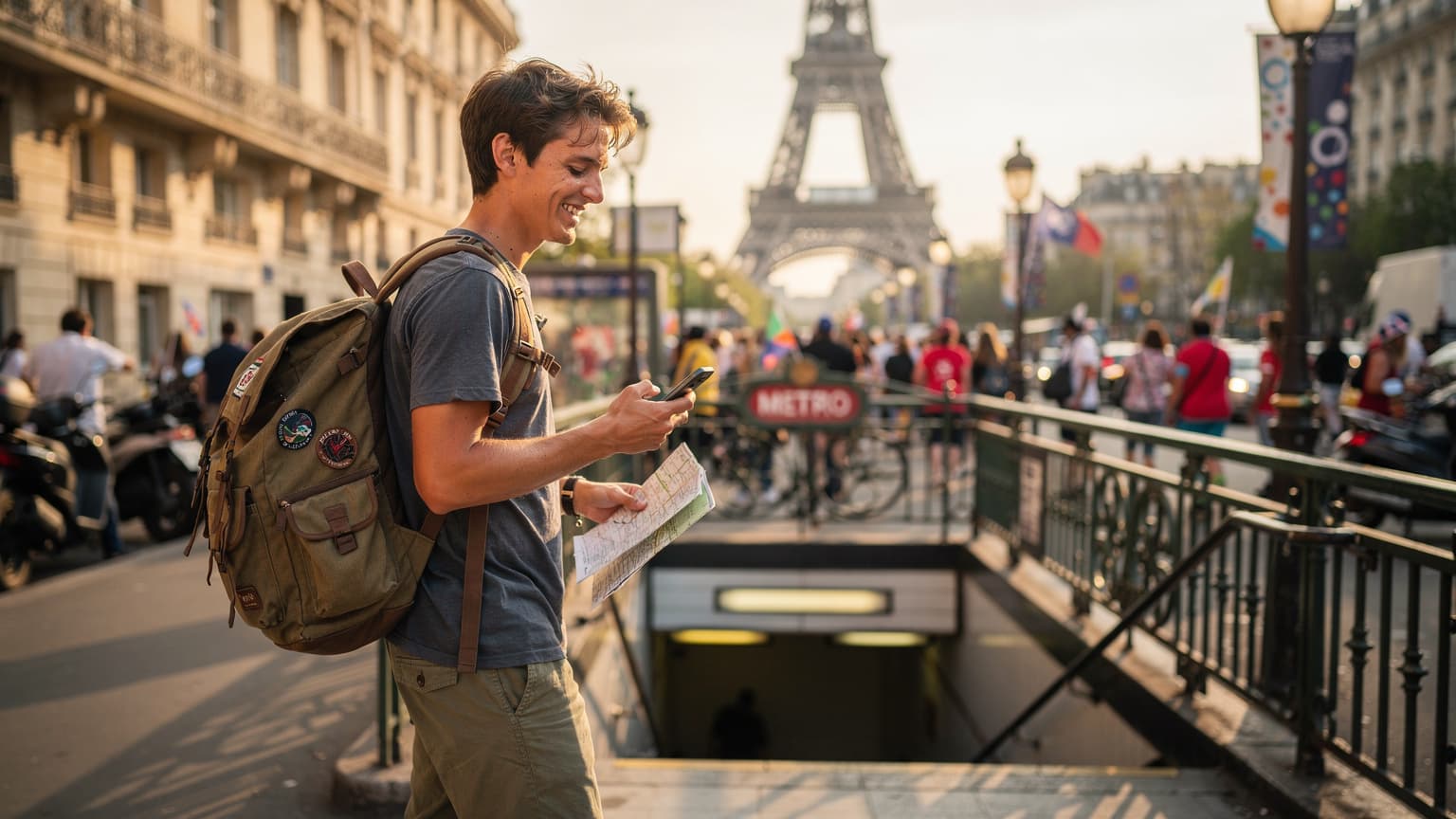 Un voyageur souriant, sac à dos, consulte son téléphone portable à l'entrée d'une station de métro parisienne, avec la tour Eiffel en arrière-plan flou, signalant l'effervescence des Jeux Olympiques.