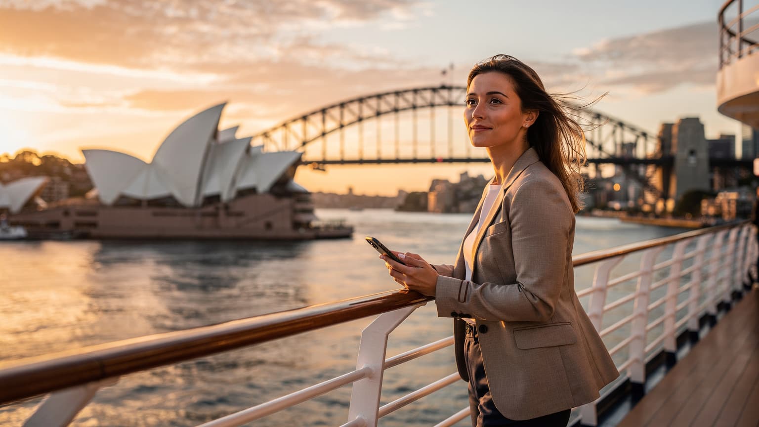 A woman stands on a ship's deck, looking out at the Sydney Opera House and Harbour Bridge at sunset, holding her smartphone, ready to use her eSIM.