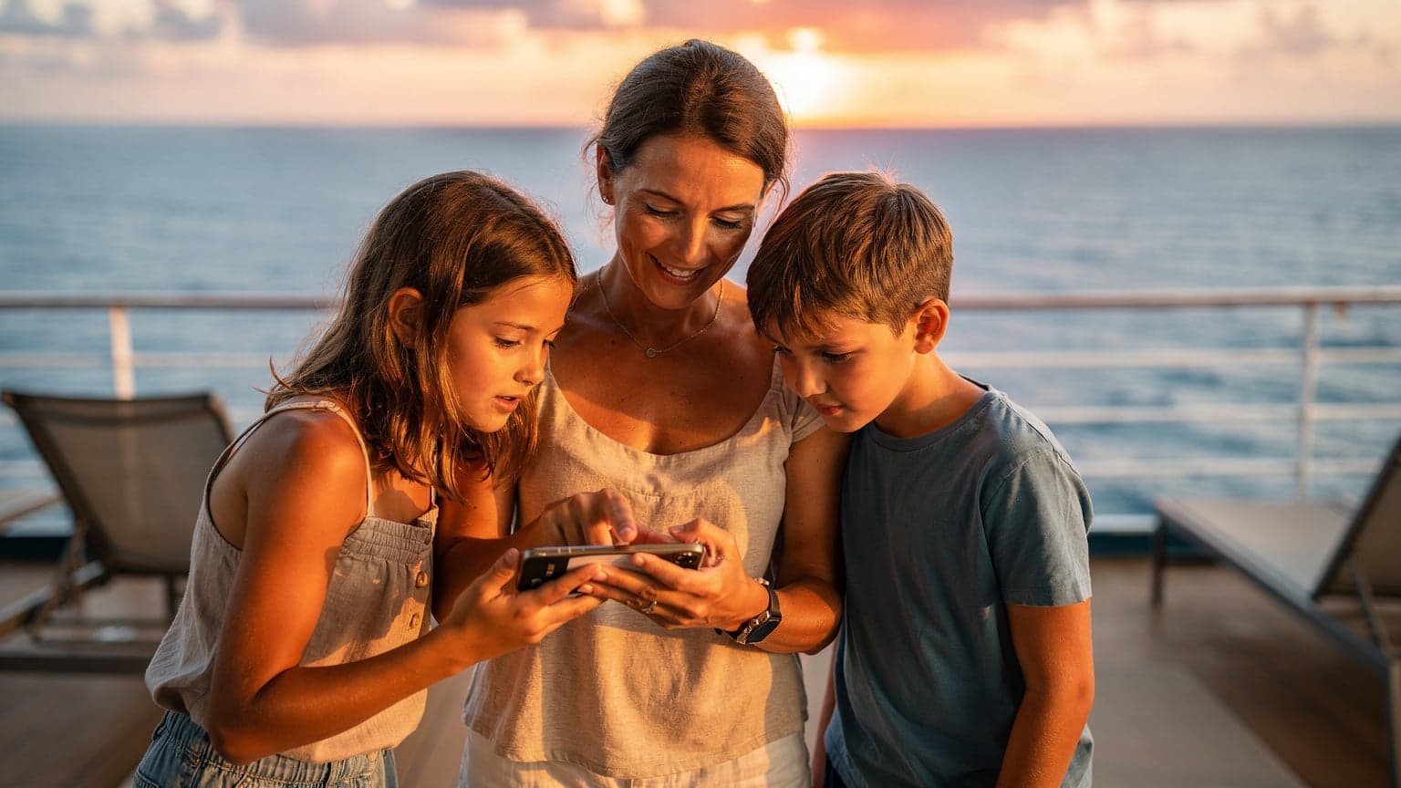 A mother and two children looking at a smartphone together on a cruise ship deck, with the ocean in the background during golden hour.