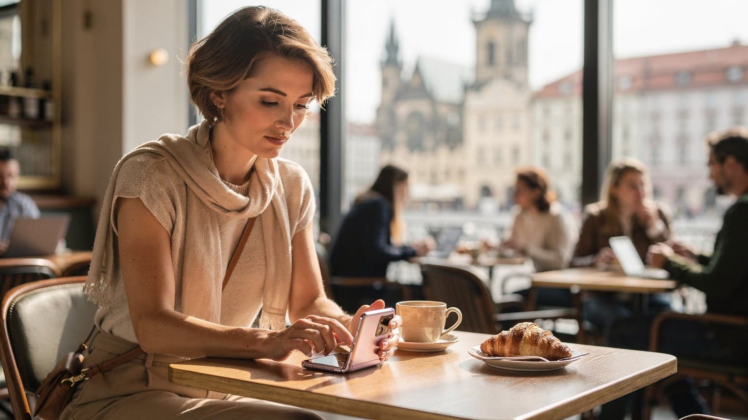 Mladá žena aktivuje eSIM na svém novém Samsung Galaxy Z Flip6 v rušné kavárně v Praze, s výhledem na Staroměstské náměstí.