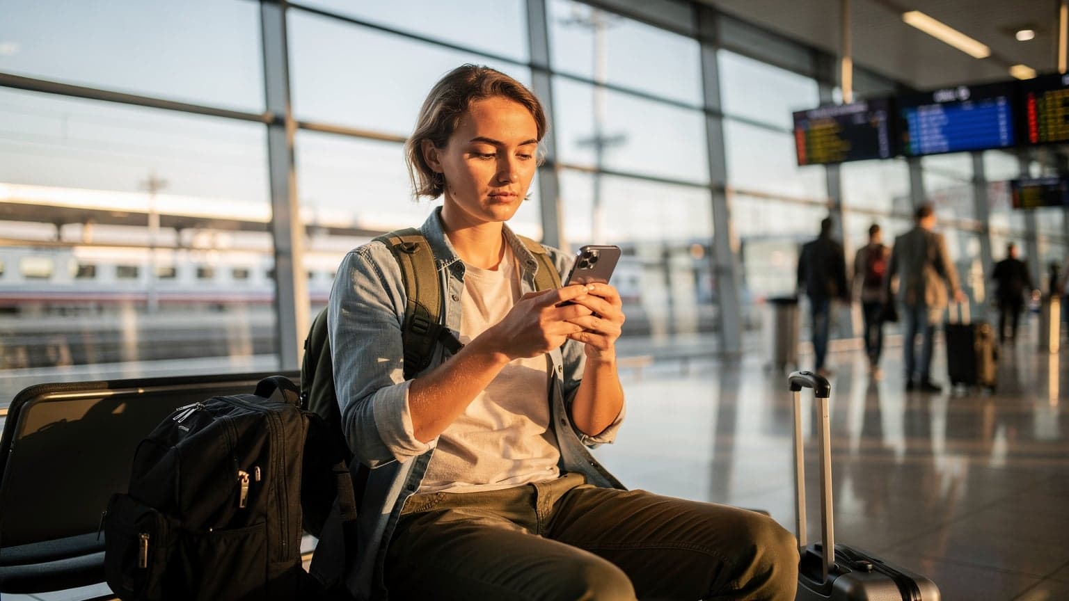 A young Ukrainian traveler confidently using a smartphone in a modern European travel hub, symbolizing easy global eSIM connectivity.