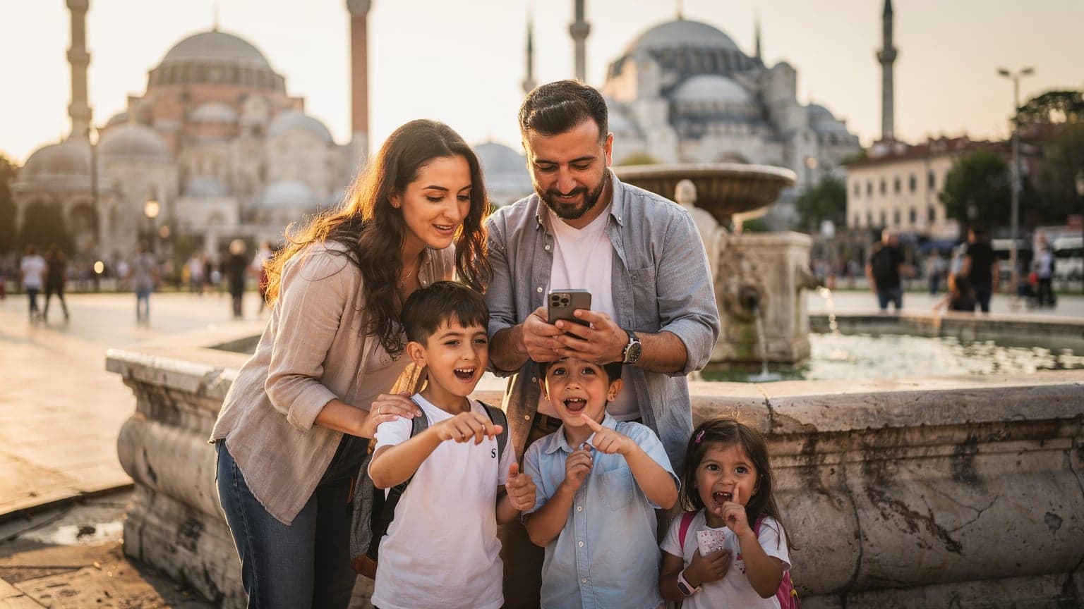 İstanbul'daki bir aile, anne, baba ve iki çocuk, Sultanahmet Meydanı'nda telefonlarına bakarak eSIM hız testi sonuçlarını inceliyor. Çocuklar hevesle ekranlara bakıyor, baba ise hafifçe gülümsüyor.