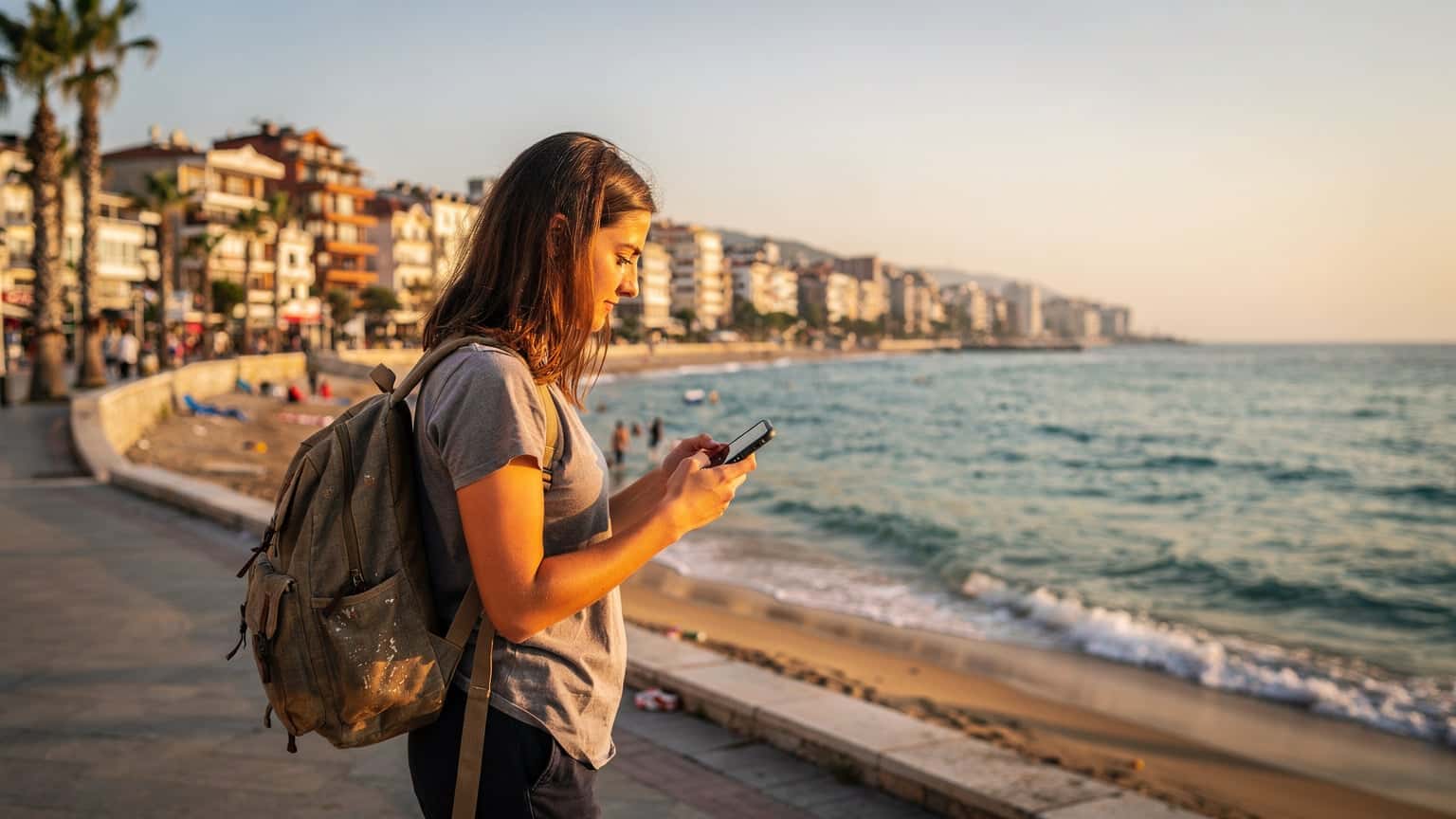 O turistă cu rucsac, zâmbind, consultă harta digitală pe telefonul său, cu Marea Mediterană și plajele nisipoase ale Antalyei pe fundal, într-o dimineață însorită.