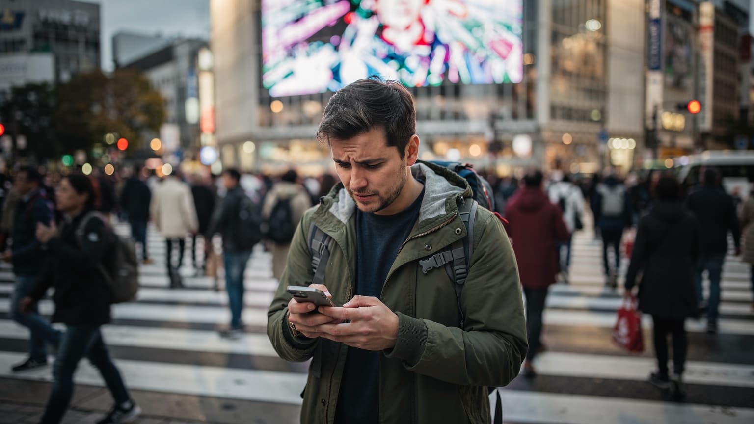 東京の渋谷スクランブル交差点で、スマートフォンを操作する旅行者の男性。彼の周りには多くの人々が忙しく行き交い、背景には巨大なビジョン広告が輝いている。彼は少し困ったような表情で画面を見つめている。