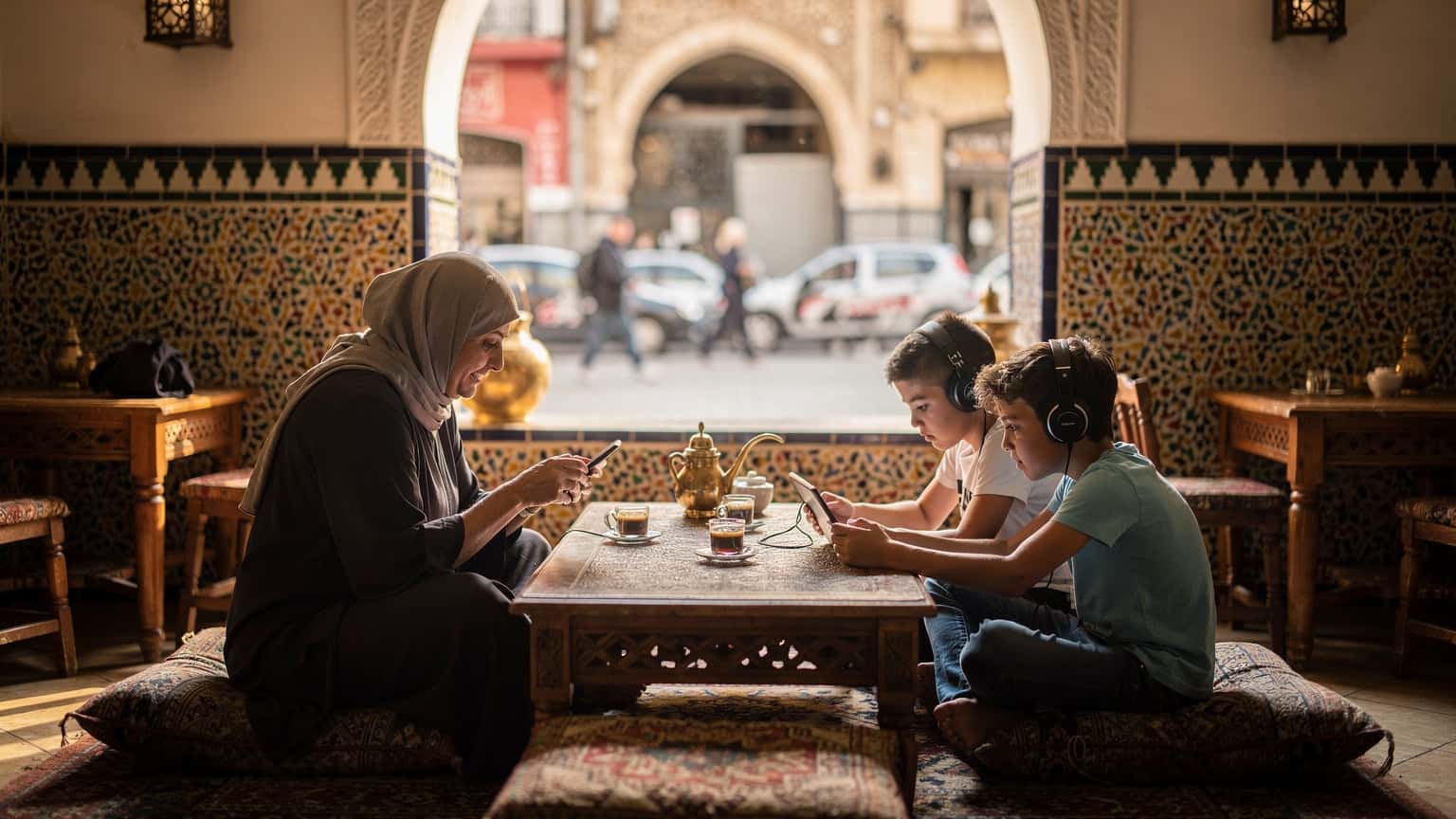 Une famille assise dans un café traditionnel à Alger, un parent configure une eSIM sur son smartphone tandis que les enfants regardent une tablette, des pâtisseries locales sur la table.