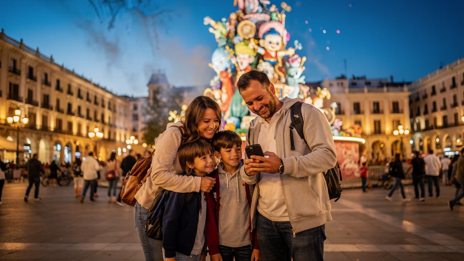 Una familia con dos niños pequeños sonriendo, mirando un teléfono móvil en medio de la Plaza del Ayuntamiento de Valencia durante las Fallas, con una falla colorida al fondo y petardos iluminando el cielo nocturno.