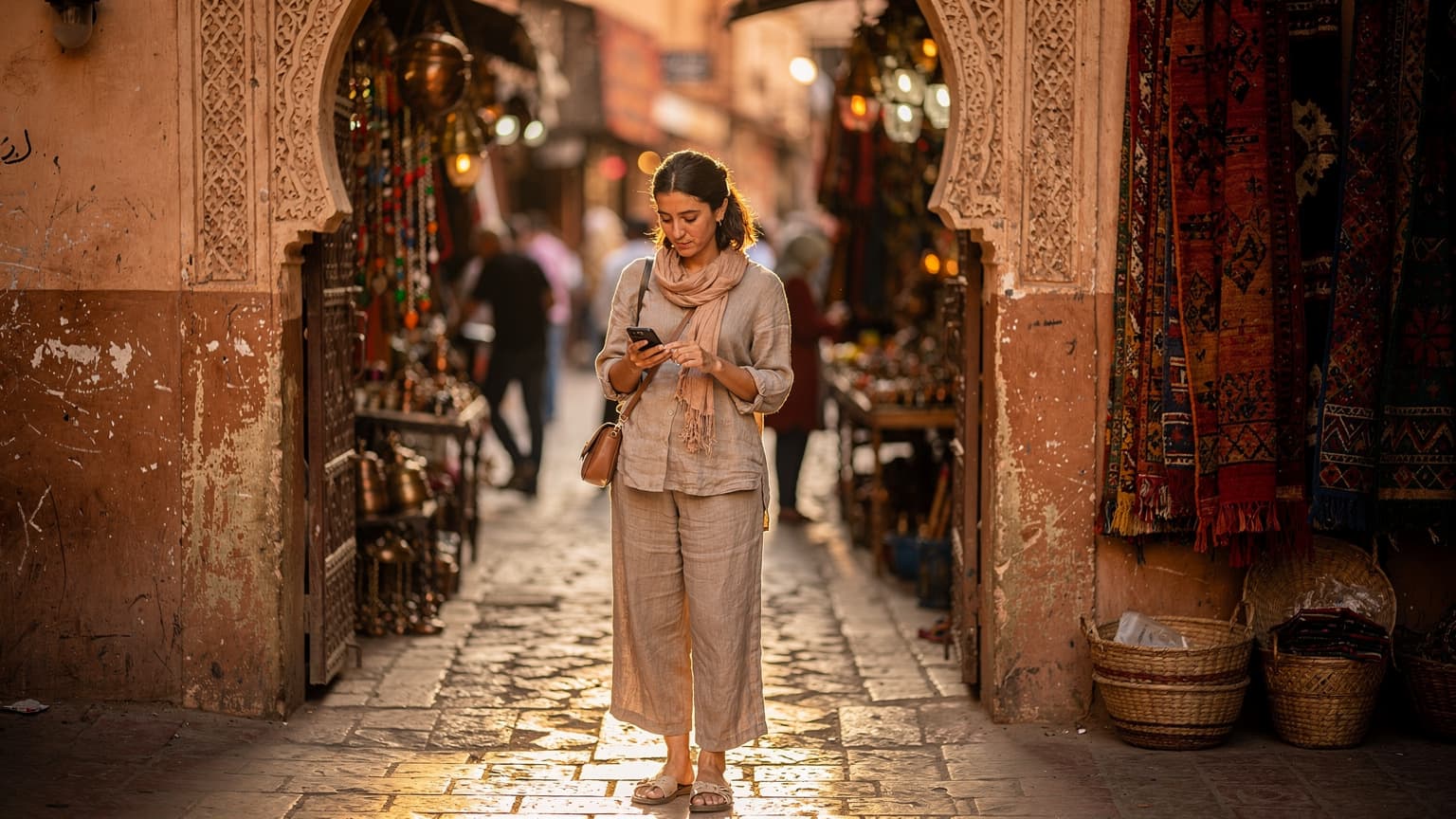 Une voyageuse navigue sur son smartphone à l'entrée des souks de Marrakech, l'ambiance animée et les couleurs vives de la ville en arrière-plan.