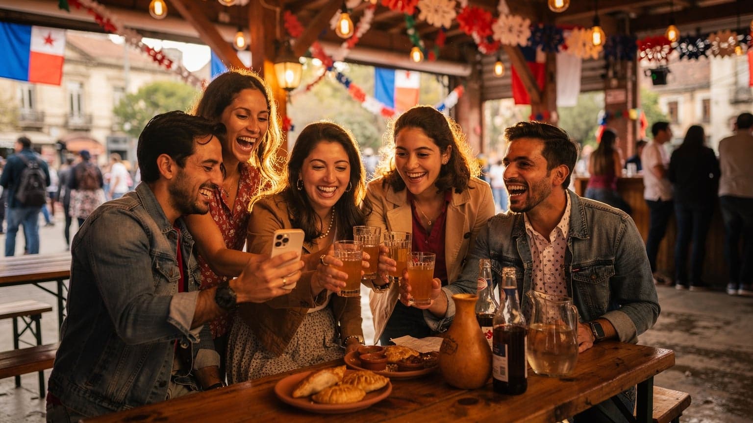 Un grupo de amigos ríe y brinda con un vaso de chicha en una fonda tradicional durante las Fiestas Patrias chilenas, con banderas tricolores y guirnaldas de fondo en el barrio de Lastarria, Santiago.