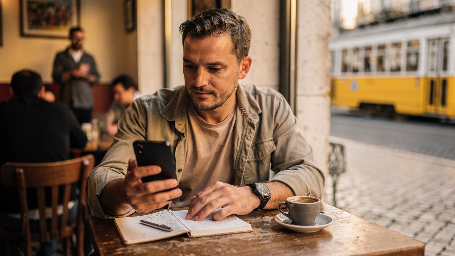 Un viajero digital en una cafetería concurrida de Lisboa, Portugal, usando su smartphone con una eSIM para trabajar, con una taza de café a su lado y el tranvía amarillo de fondo.