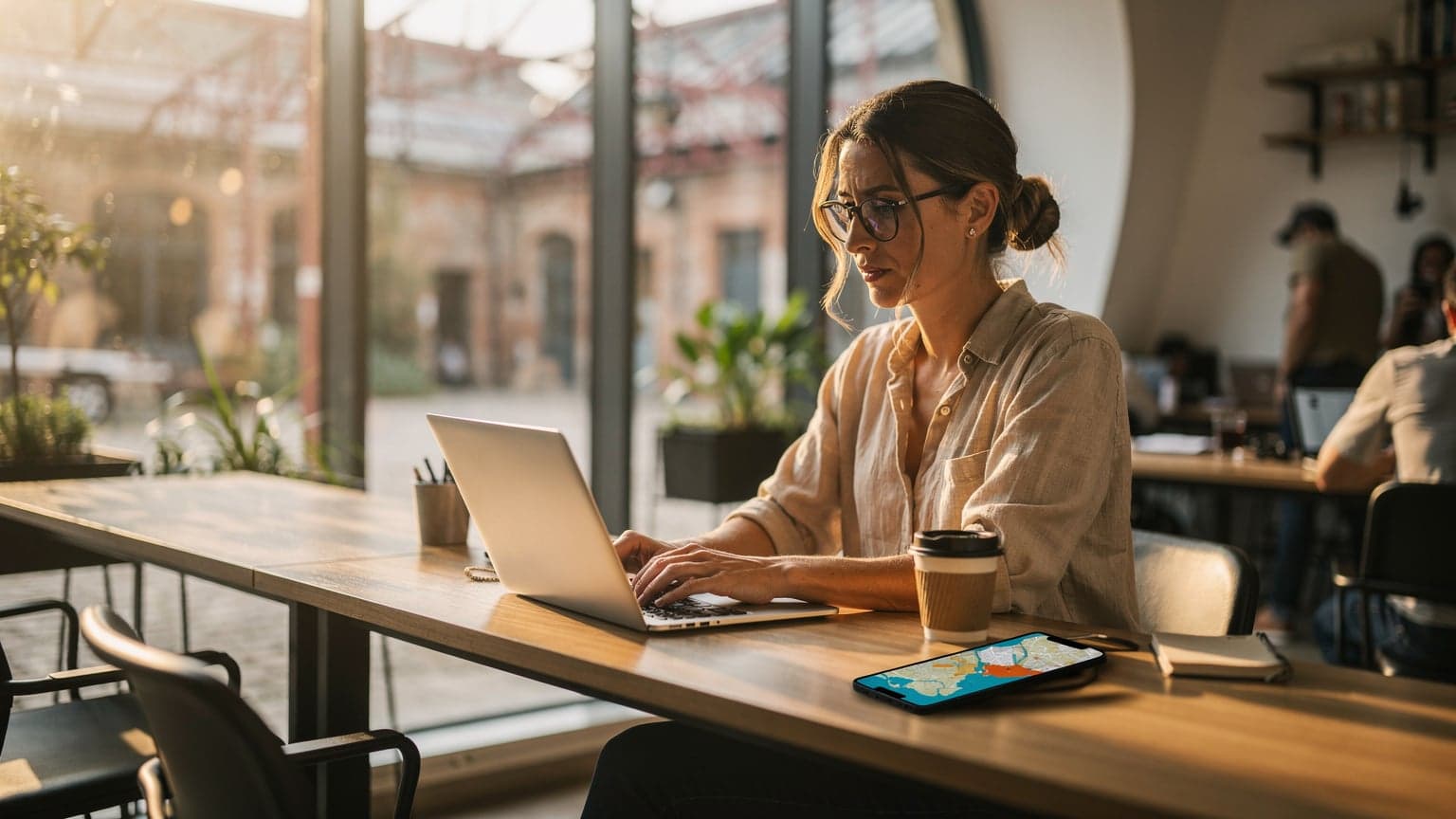 A woman sits in a sunlit co-working space in Lisbon, Portugal, looking at her laptop with a smartphone next to her, a cup of coffee on the table.