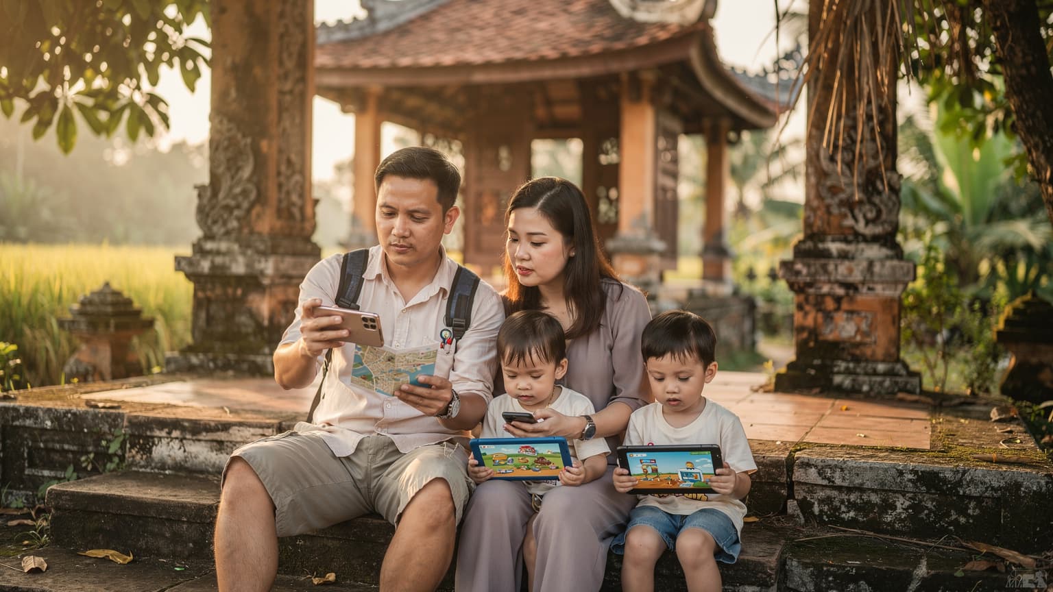 Một gia đình Việt Nam, gồm cha mẹ và hai con nhỏ, đang ngồi trên bậc thang đá của một ngôi chùa cổ kính ở vùng nông thôn Việt Nam, mỗi người đều nhìn vào điện thoại của mình để kiểm tra bản đồ hoặc tin nhắn.