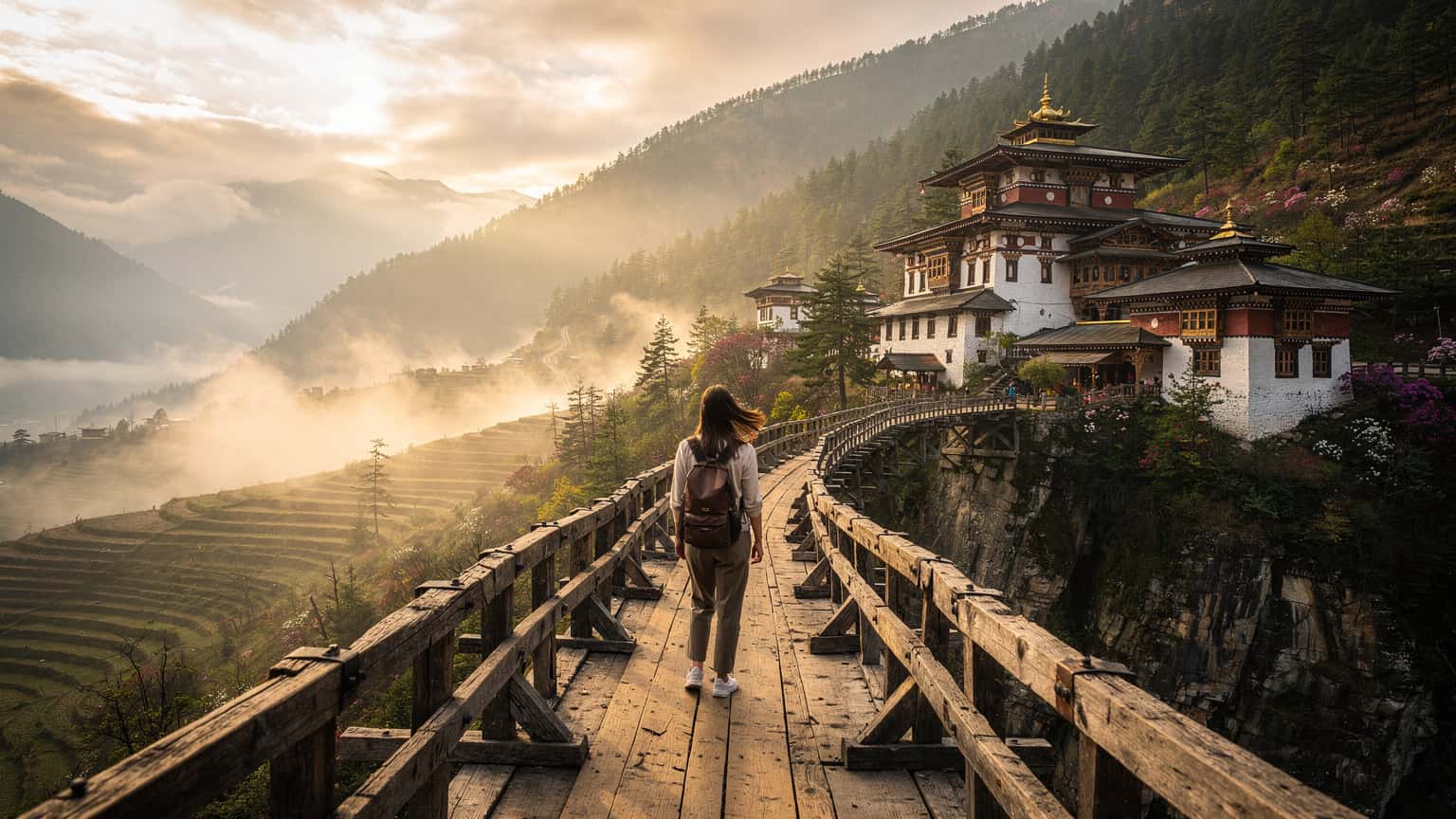 A lone traveler stands on a traditional wooden bridge, overlooking a lush green valley with a vibrant Bhutanese monastery clinging to the mountainside, bathed in warm morning light.