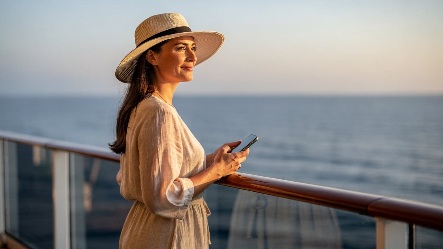 Uma mulher elegante com chapéu de sol olhando para o horizonte azul do mar a partir da varanda de sua cabine de cruzeiro, segurando discretamente um smartphone em uma das mãos, com um sorriso de satisfação.