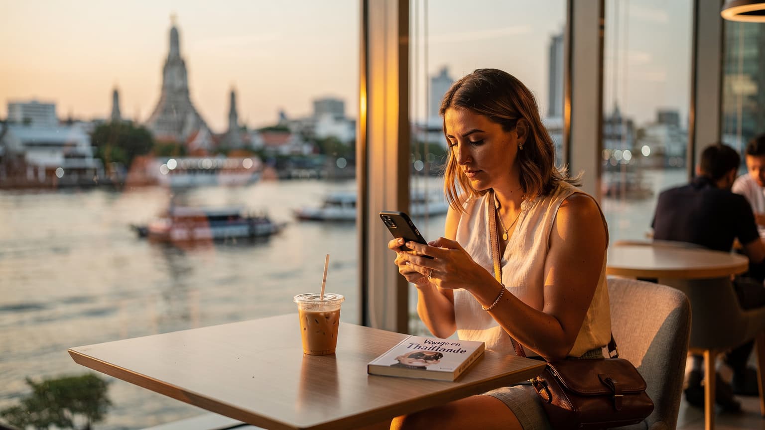 Une voyageuse navigue sur son téléphone avec une eSIM activée, assise confortablement dans un café moderne de Bangkok, près du Wat Arun au crépuscule.