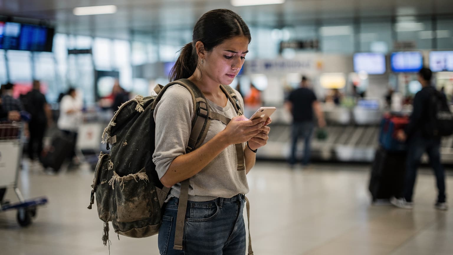 Una viajera joven con mochila revisa su iPhone en la sala de llegadas del Aeropuerto de Ezeiza en Buenos Aires, buscando la mejor señal de conexión tras un largo vuelo.
