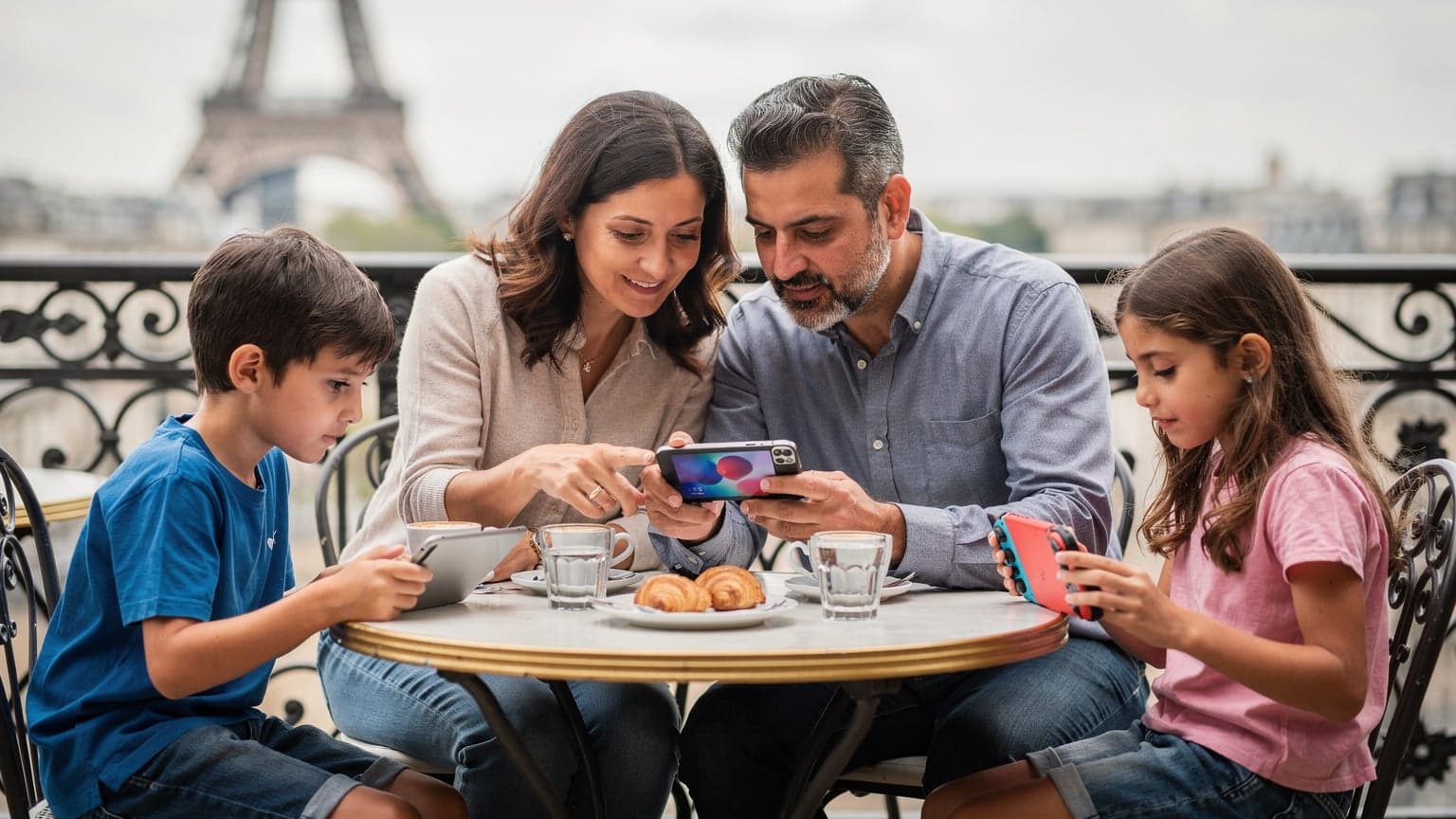 Bir anne ve babanın, Paris'teki Eyfel Kulesi manzaralı bir kafede çocuklarının tabletlerini kontrol ederken Cellesim eSIM uygulamasını inceledikleri bir an.