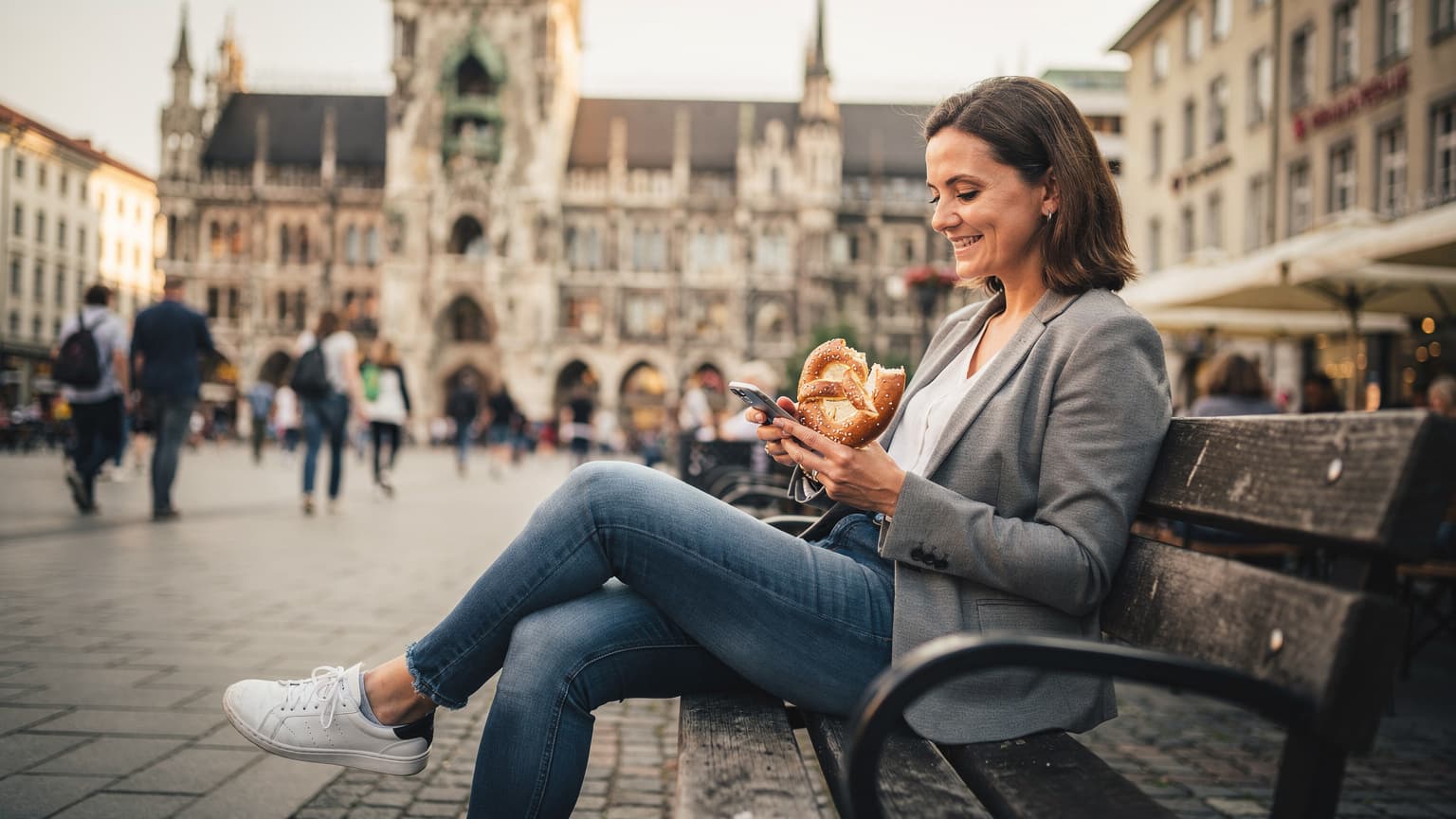 Eine Frau in ihren späten 30ern sitzt auf einer Holzbank auf dem Marienplatz in München, blickt auf ihr Smartphone und lächelt, während sie eine Brezel isst.